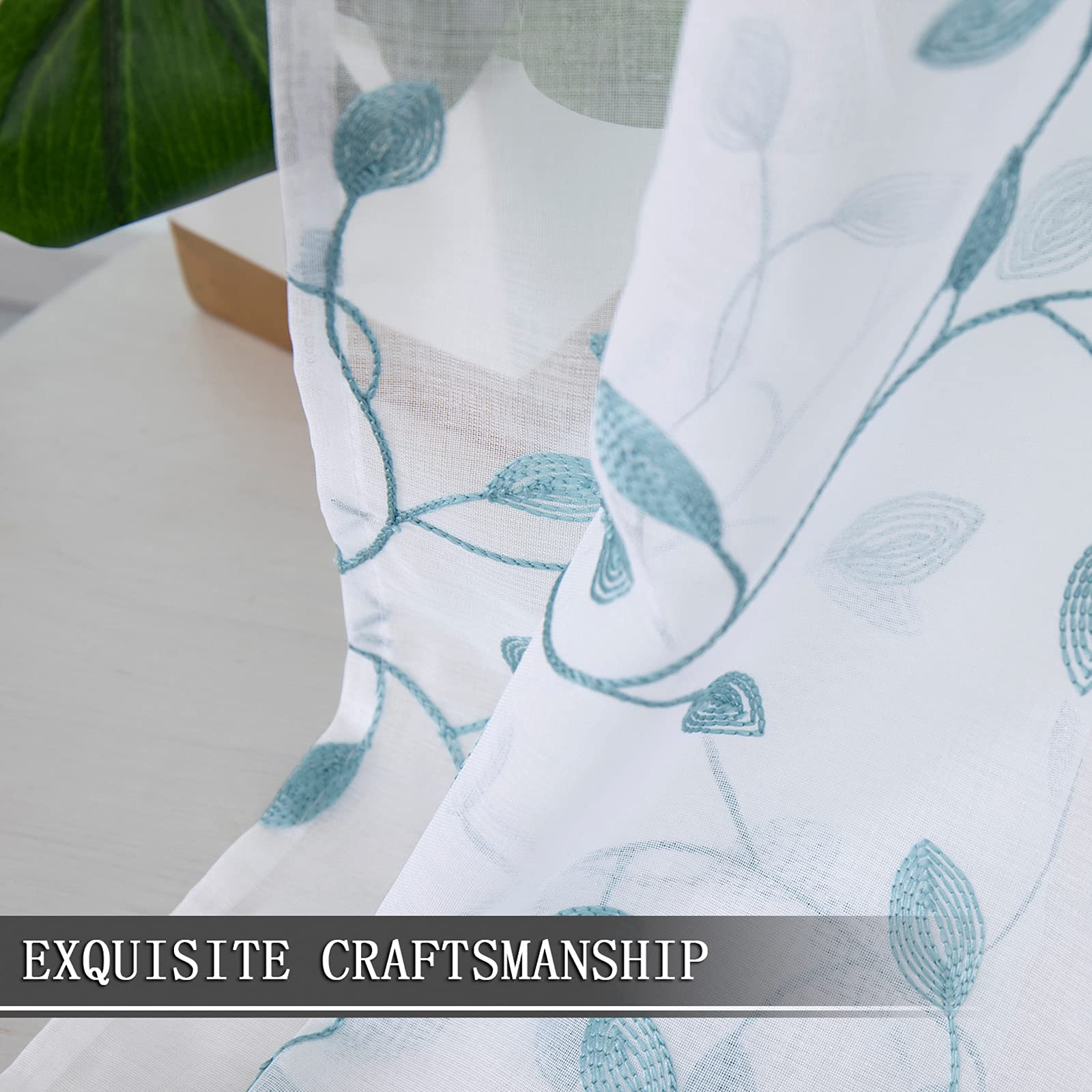 Tollpiz Mantovana In Voile Con Foglie Ricamate Per Finestra - 137x40,6 Cm - Blu Foglia