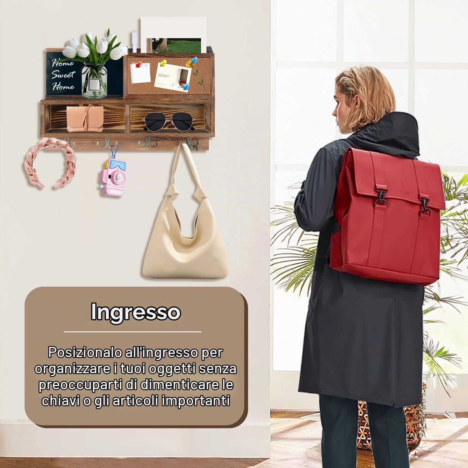 Comfoyar Portachiavi da Parete in Legno, Appendi Chiavi a Muro con Bacheca e Ripiano, Organizzatore per Lettere e Portachiavi con 4 Ganci Doppi per Ingresso, Corridoio, Soggiorno, Design Casa, Marrone