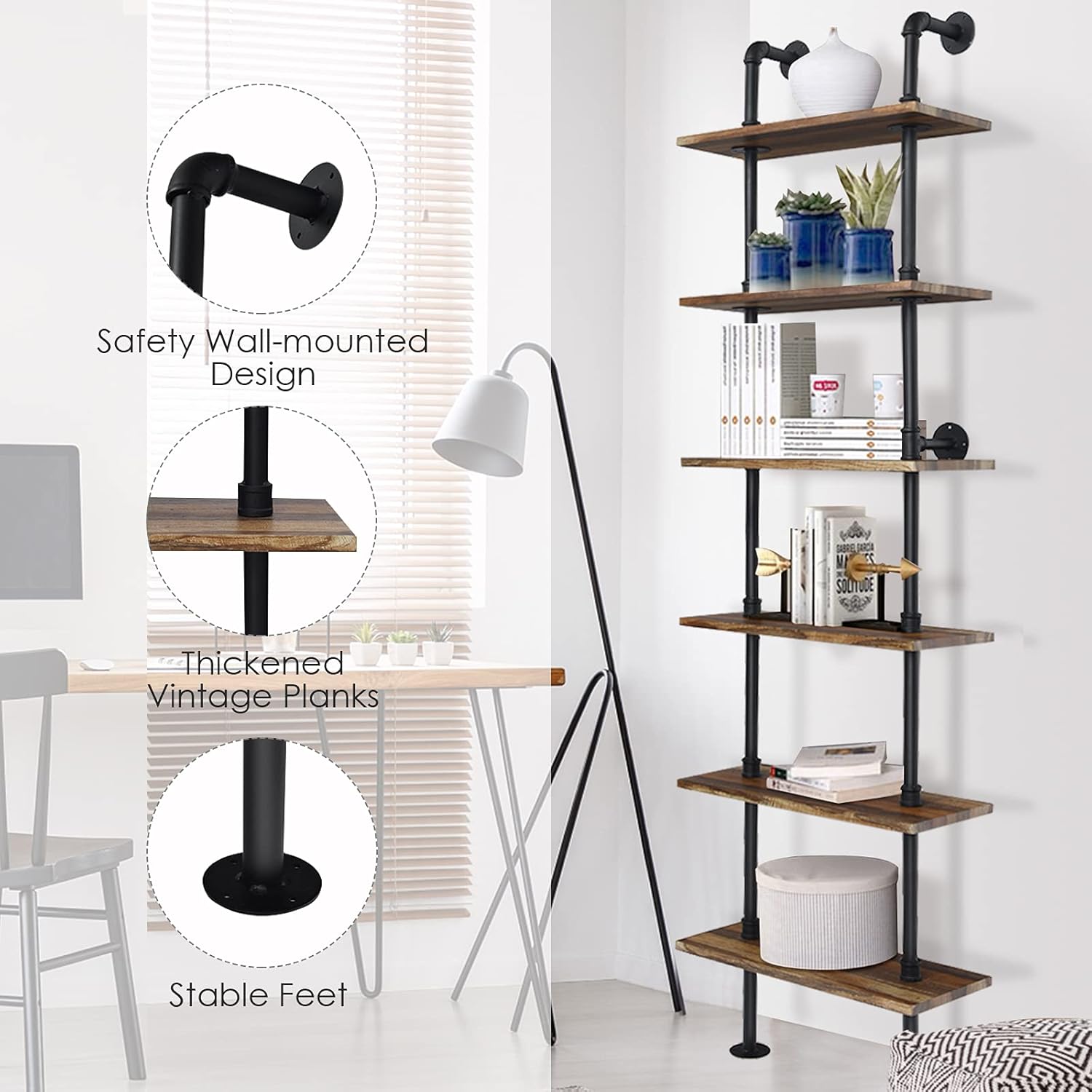 Hysache 6-Tier Pipe Shelves, 82 inch Wall-Mounted Bookshelf with Sturdy Metal Frame, Multiple Storage, Industrial Pipe Bookcase, Ladder Shelf for Office, Bedroom, Living Room, Coffee (HW61323)