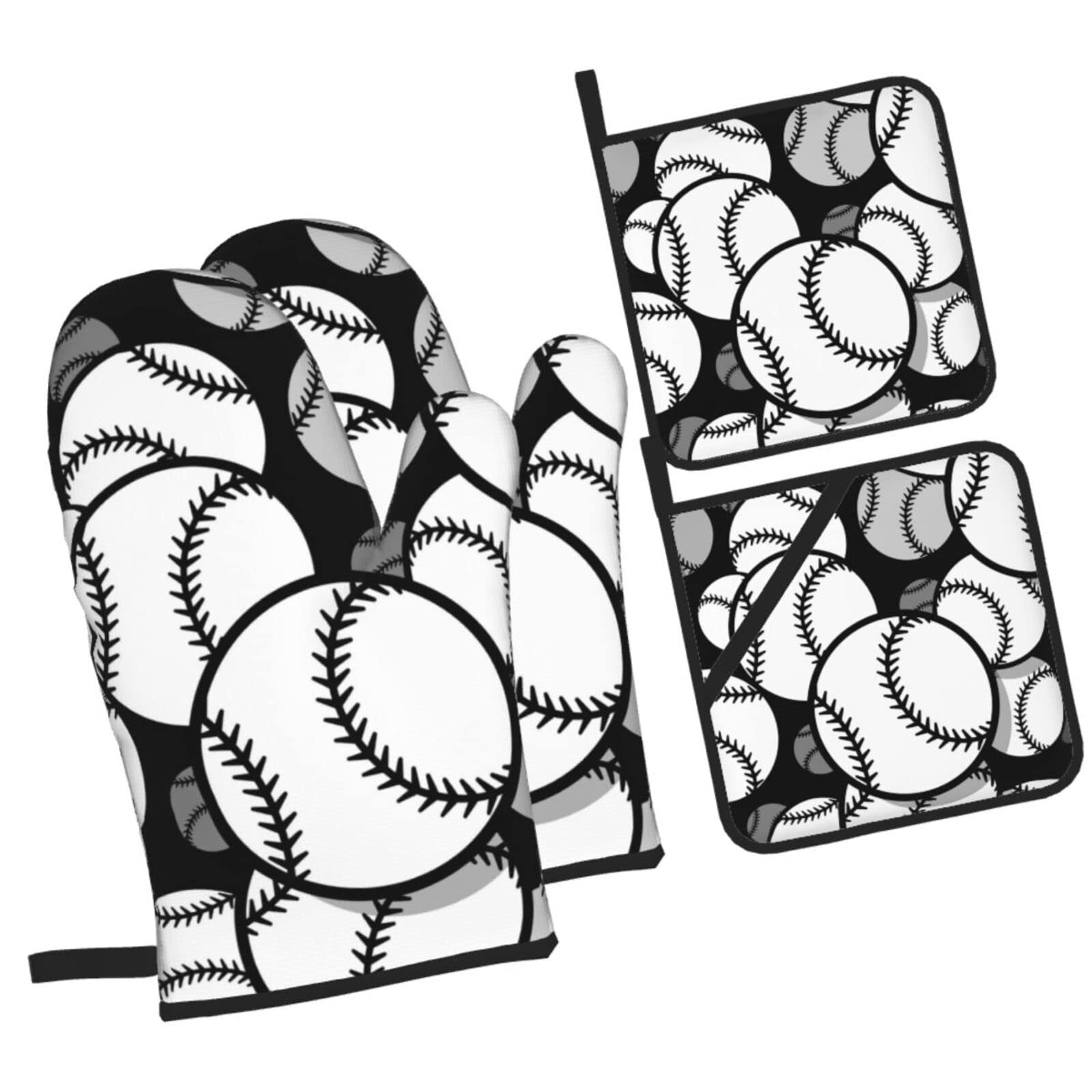 Baseball Softball Pattern Vector Oven Mitts and Pot Holders Sets, Christmas Oven Mitt Kitchen Heat Resistant Non-Slip Pot Holders Set for Cooking Baking BBQ