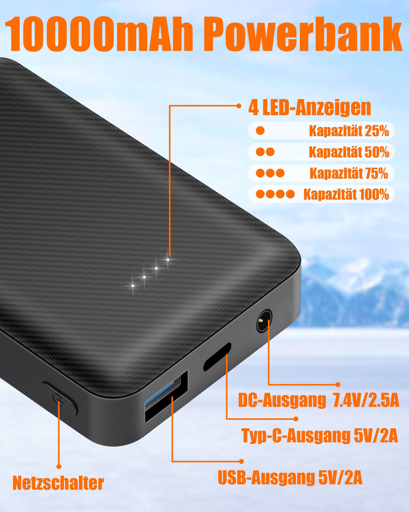 7.4V 10000mAh Powerbank für Heizweste, Jacke, Hose, Mantel und Unterwäsche, Ersatzakku für DC Beheizbare Kleidung