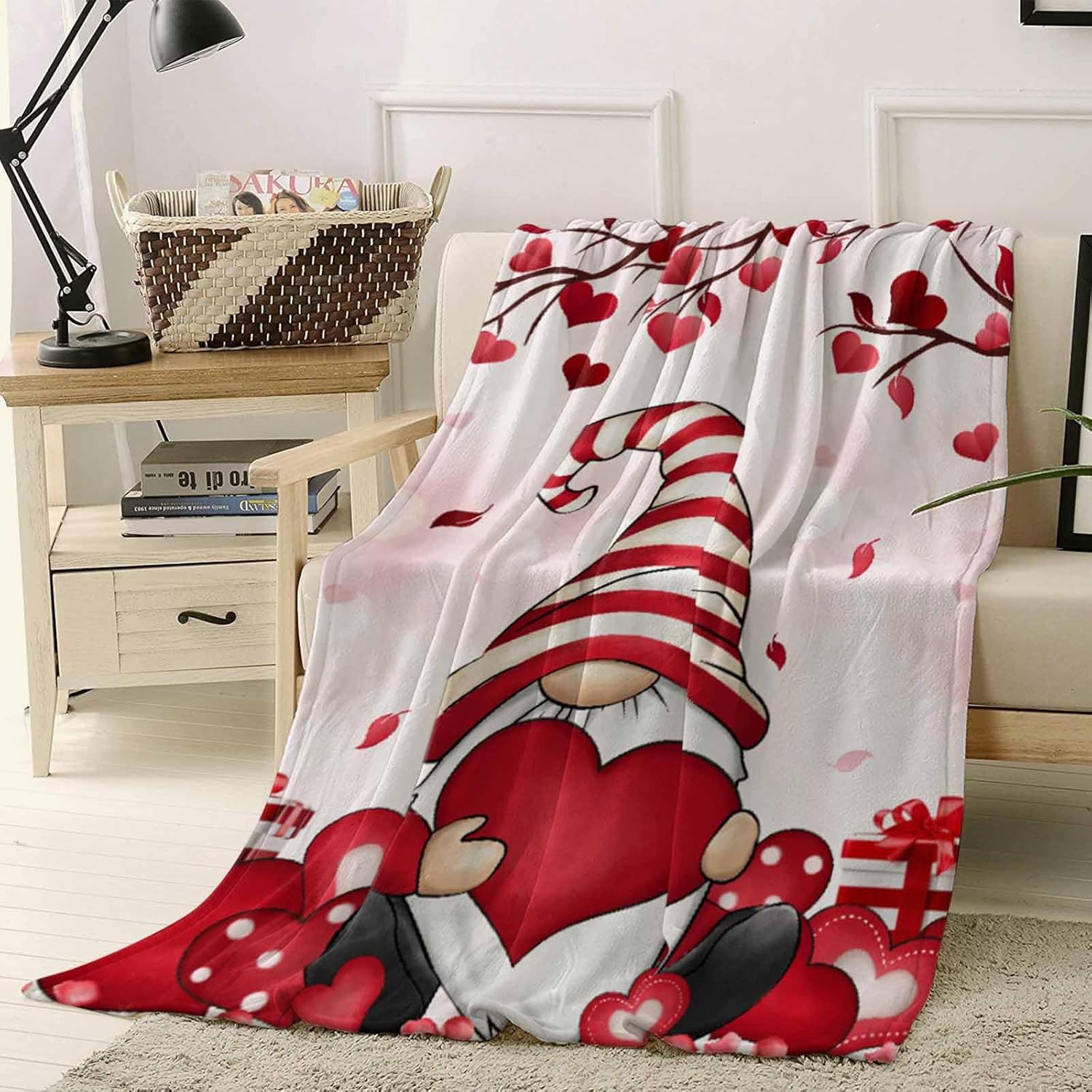 Valentines Throw Blanket for Couch Gnome Blankets and Throws Soft Cozy Warm Flannel Fleece Red Love Heart Pink Blanket for Bed Sofa Chair Dorm Valentine's Day Holiday Decor Gifts All Season 50x60