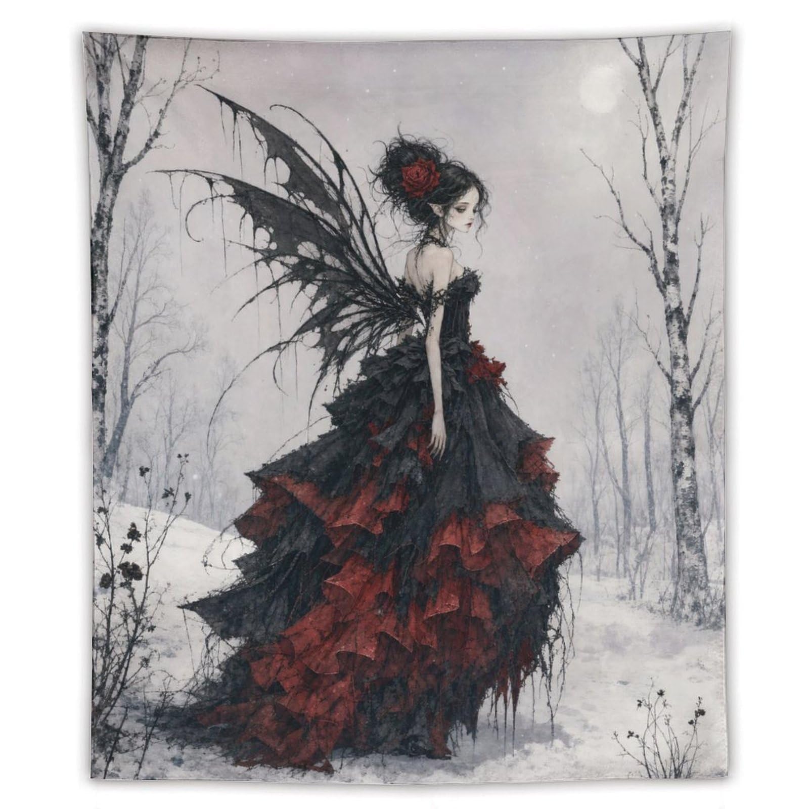 H3B8U2Y5 Gothic Fairy in Snow Wall Tapestry, Fantasy Illustration Style