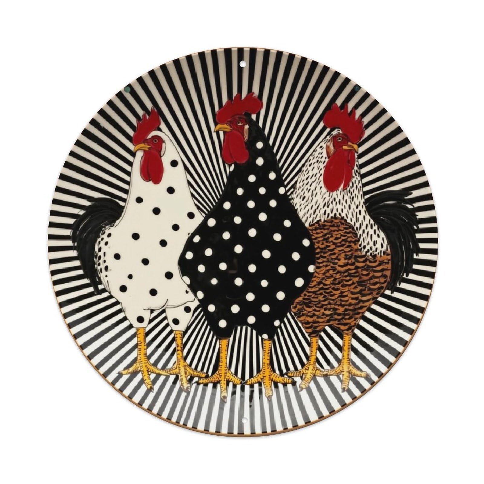 Three Chickens Polka Dot Pattern Retro Metal Sign Round Tin Sign, Vintage Decor Art Poster for Bar, Home, Man Cave, Kitchen, Laundry Room Gift 8x8Inch