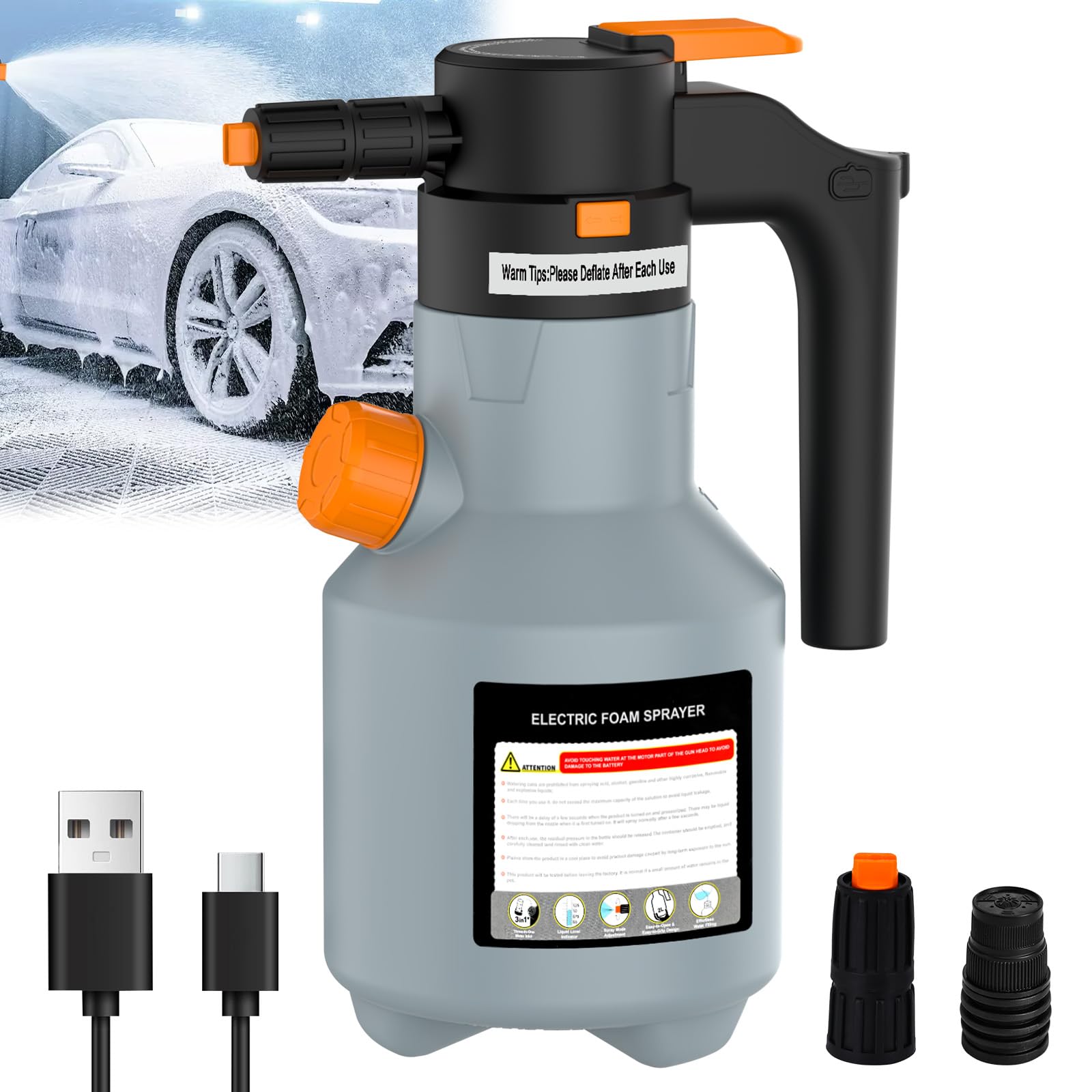 Pompa Irroratrice a Batteria 2L, Spruzzatore di Schiuma con 2 Ugelli, Spruzzatore di Schiuma Elettrico da 2300 mAh, per la Cura dell'auto, Pulizia dell'auto