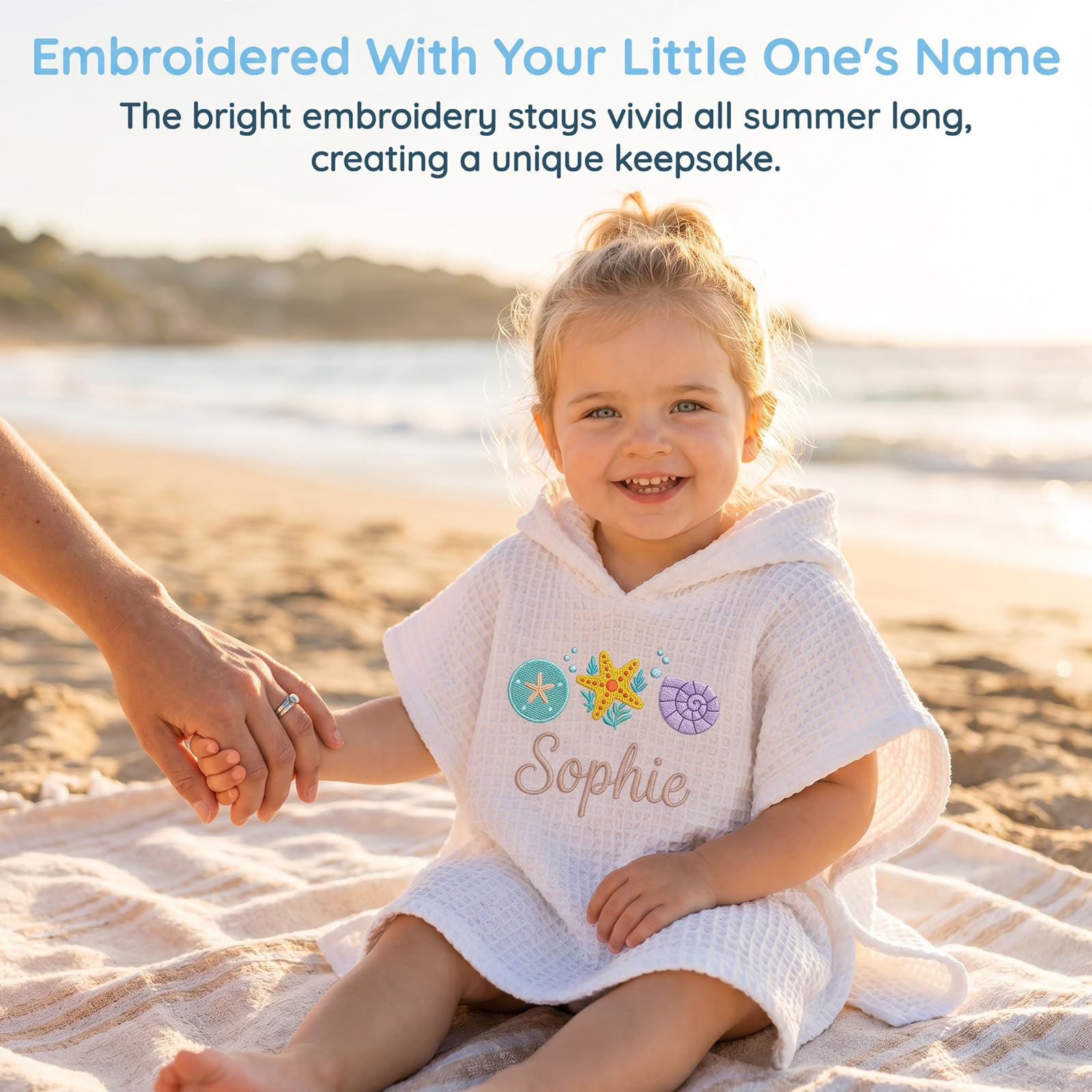 Personalisiertes Kapuzen-Strandtuch für Kinder, mit Motiv & Namen, trocknet schnell, sandfrei, 100% Baumwollwaffel, für Strand/Pool/Bad, Babyparty/Geburtstag, Sommergeschenk für Jungs & Mädchen