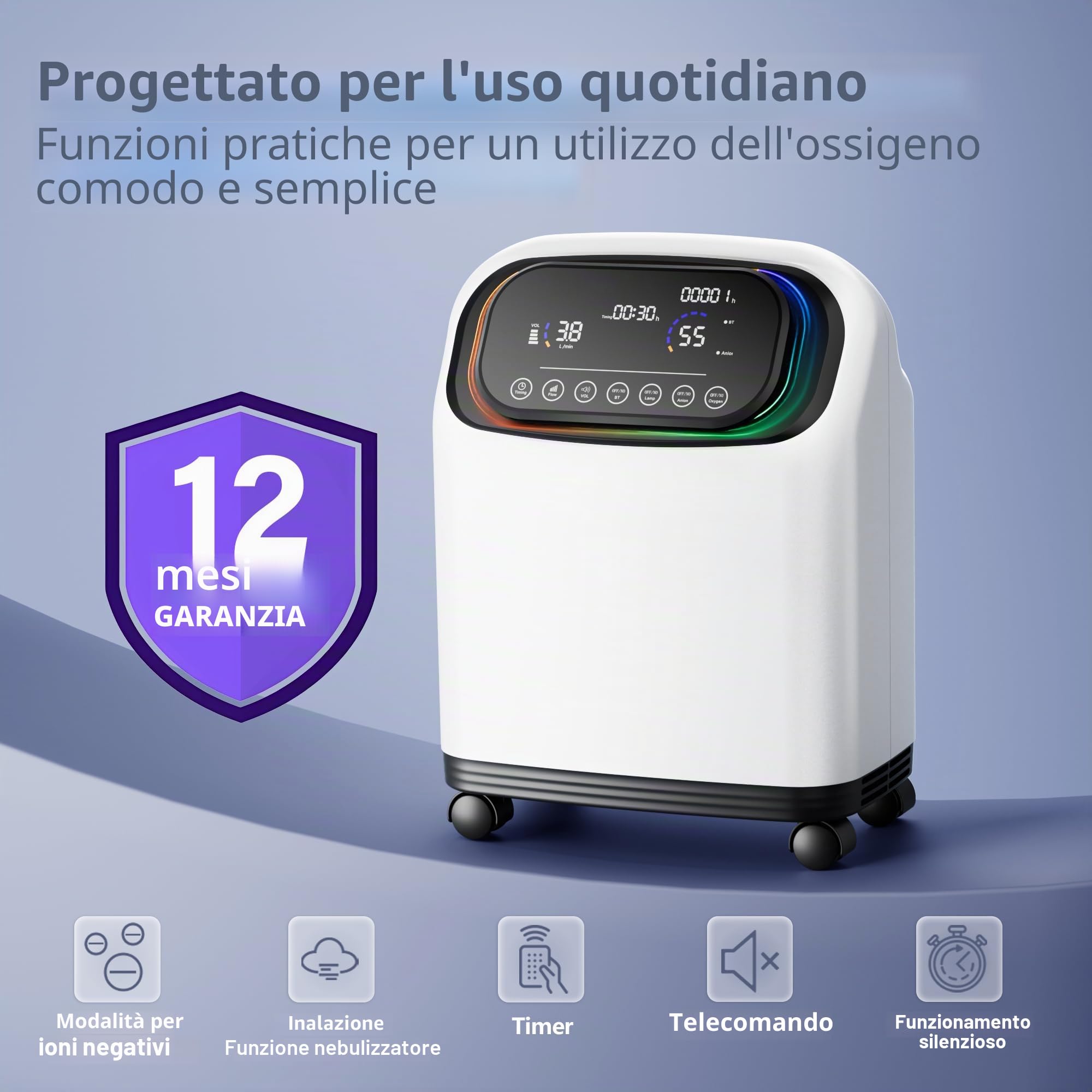 Concentratore di ossigeno, fornisce ossigeno altamente concentrato al 93% e livelli regolabili da 1 a 8. Con telecomando, ruote girevoli per una mobilità fluida e pratica maniglia per il