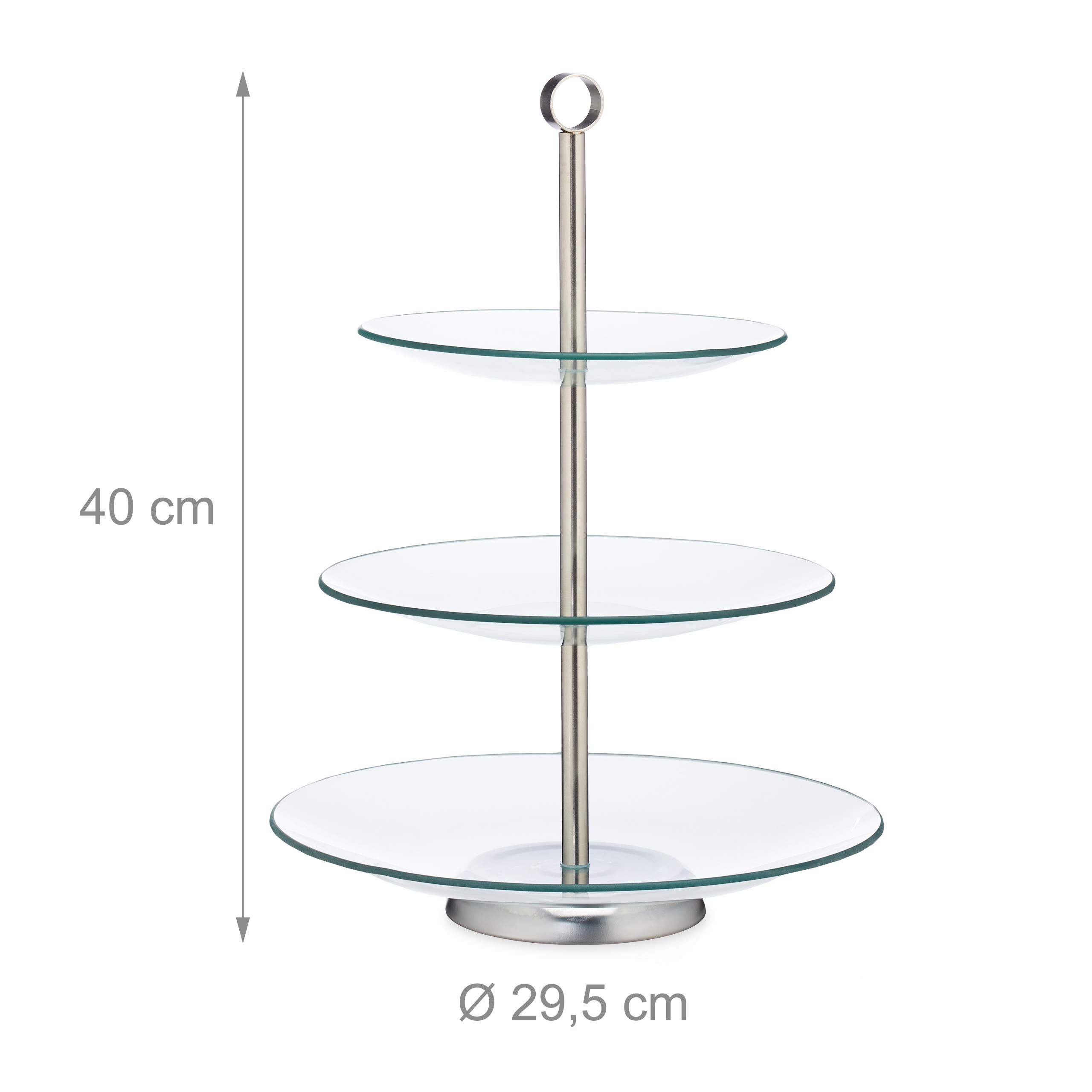 8 Soportes para Tartas, Cupcakes y Fruta de 3 Pisos, Cristal-Acero, Plateado-Transparente, 40 x 29,5 cm