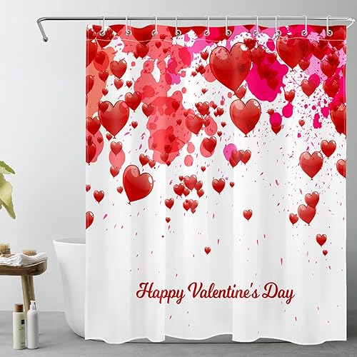 WEENEO Valentines Day Shower Curtain Falling Red Heart Balloon Shower Curtain Set for Bathroom Romantic Valentines Red and White Waterproof Fabric