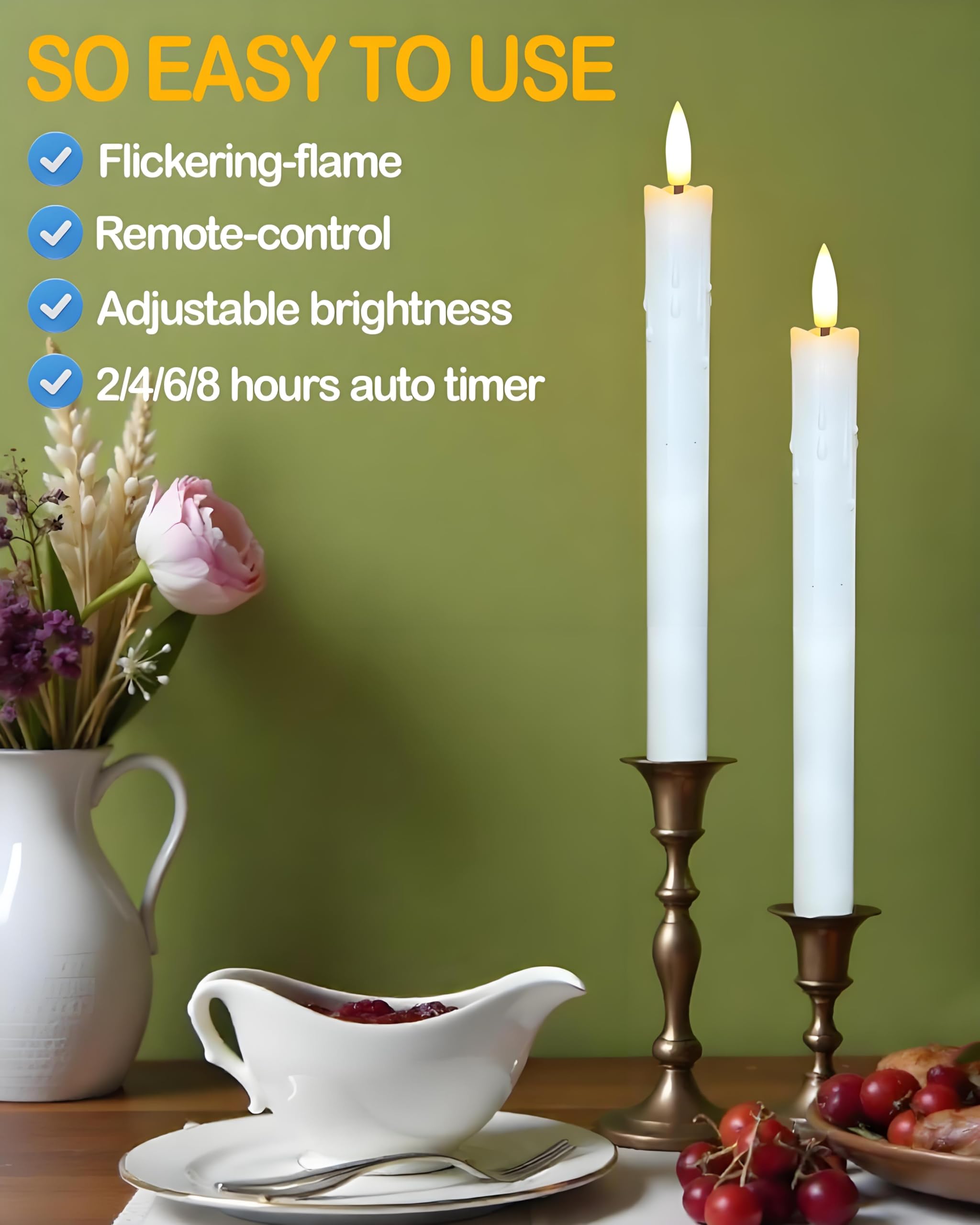 Gmnee Velas cónicas recargables sin llama de 9.6 pulgadas con control remoto, temporizador, regulador, velas LED marfil, paquete de 2 velas largas USB que funcionan con pilas para decoración de