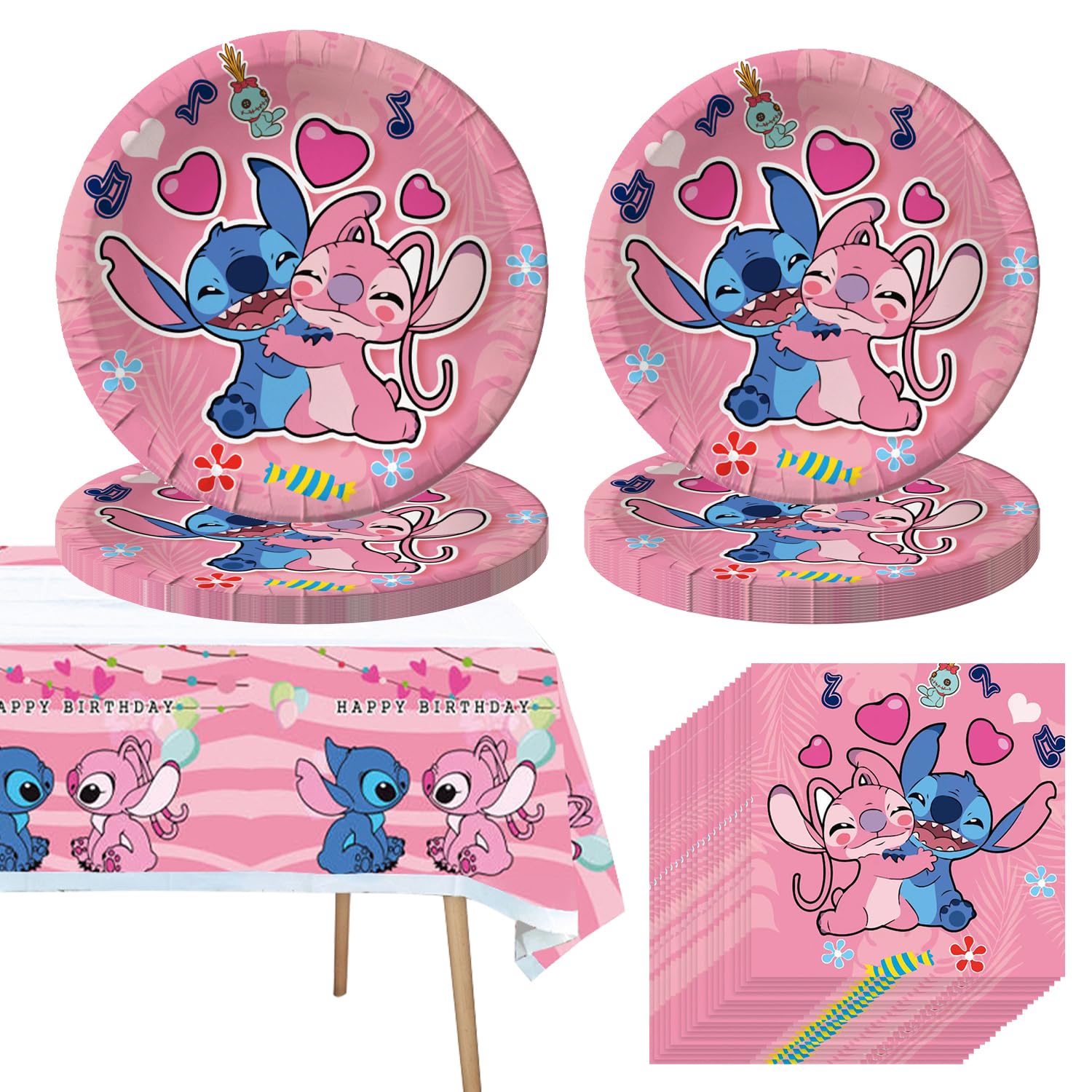 Stich Birthday Decorations,41Pcs Happy Birthday Party Supplies Tableware Set Includes 1pc Tablecloth, 20pcs Plates, 20pcs Napkins for Girls Boys Birthday Party Cartoon Theme Party Tableware