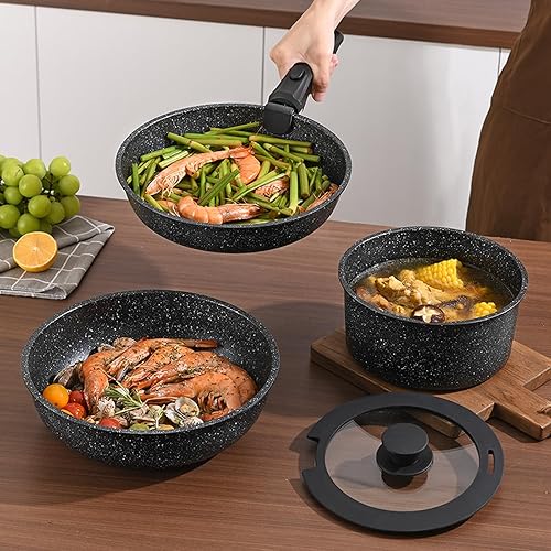 Miniatura 8 de Juego de ollas y sartenes, antiadherentes con mango desmontable, juego de utensilios de cocina de inducción con mango extraíble, utensilios de