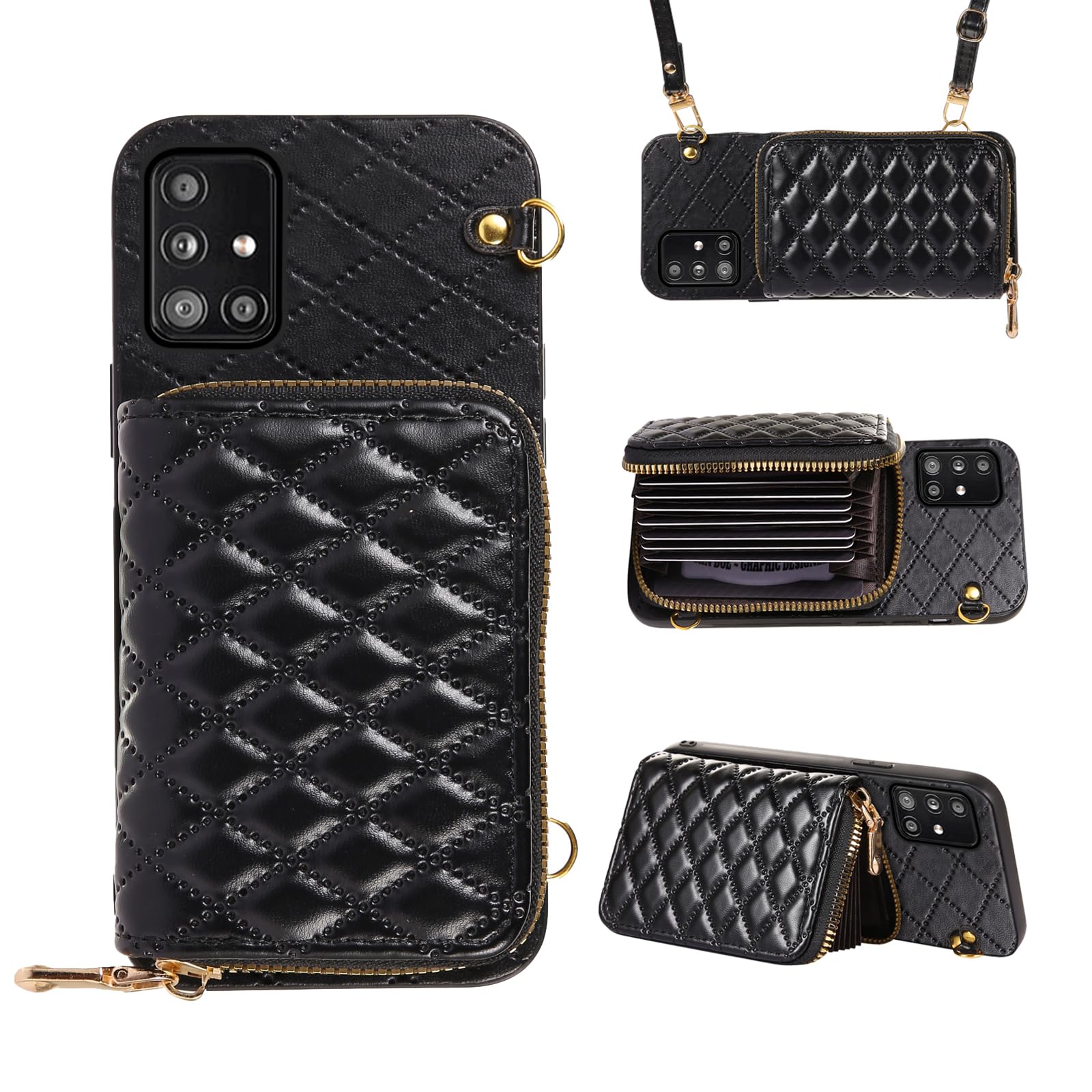 Furiet Compatible with Samsung Galaxy A71 5G Zipper Wallet Case with Crossbody Shoulder Strap, 8 Card Slots and Leather Stand Full Body Accessories