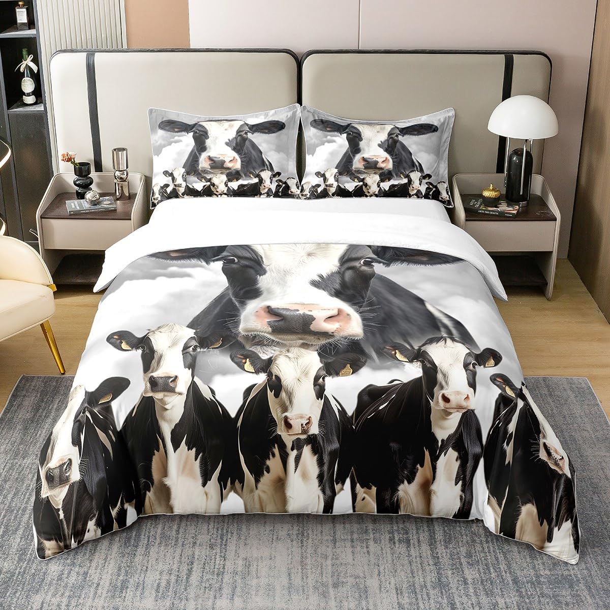 Housse de couette 100% coton motif vache 135x200 cm pour lit enfant et ado