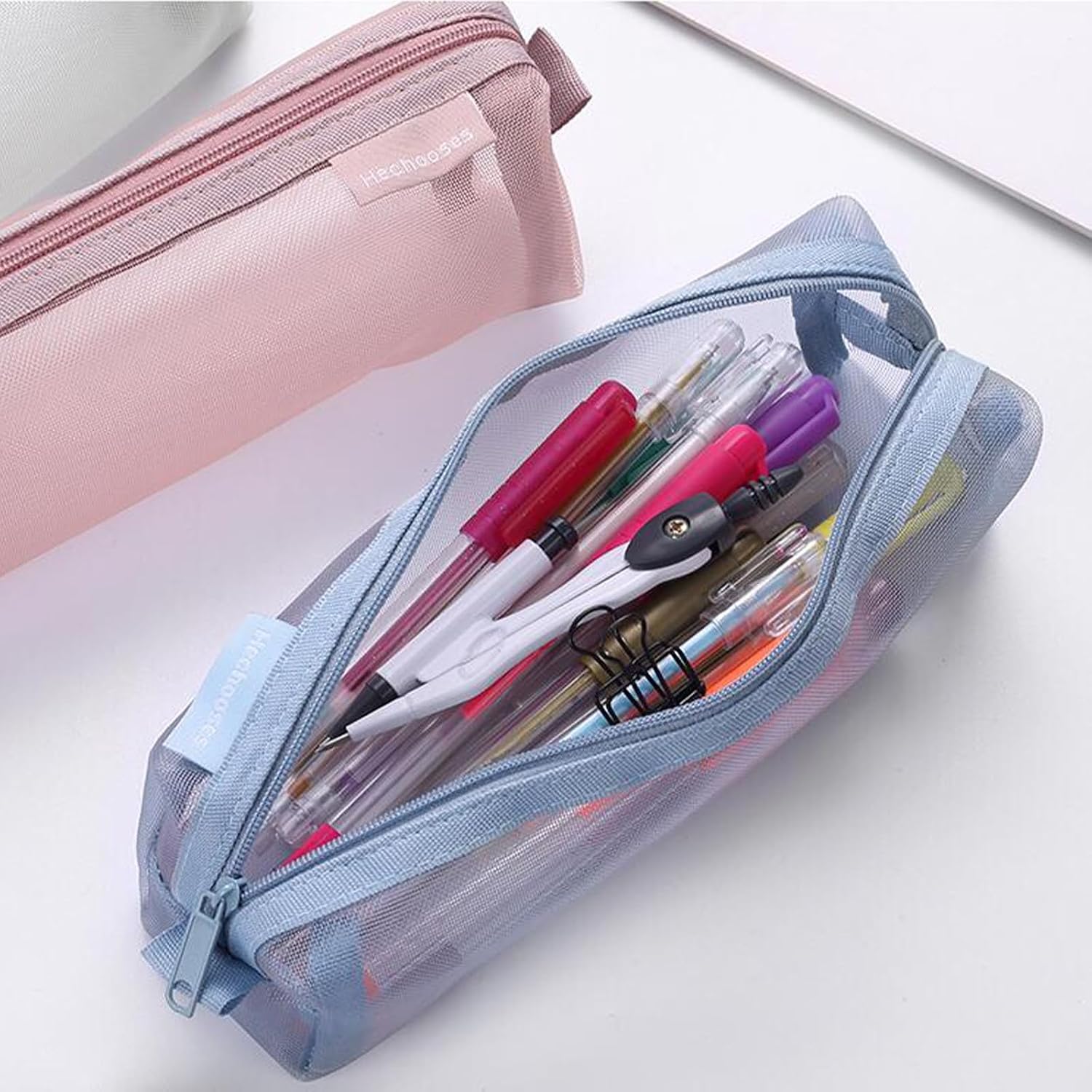 Mesh Cosmetic Bag Portable Clear Makeup Bags Mesh Zipper Pouch for Home Office Travel Accessories Organizer (2PCS pink) image 5
