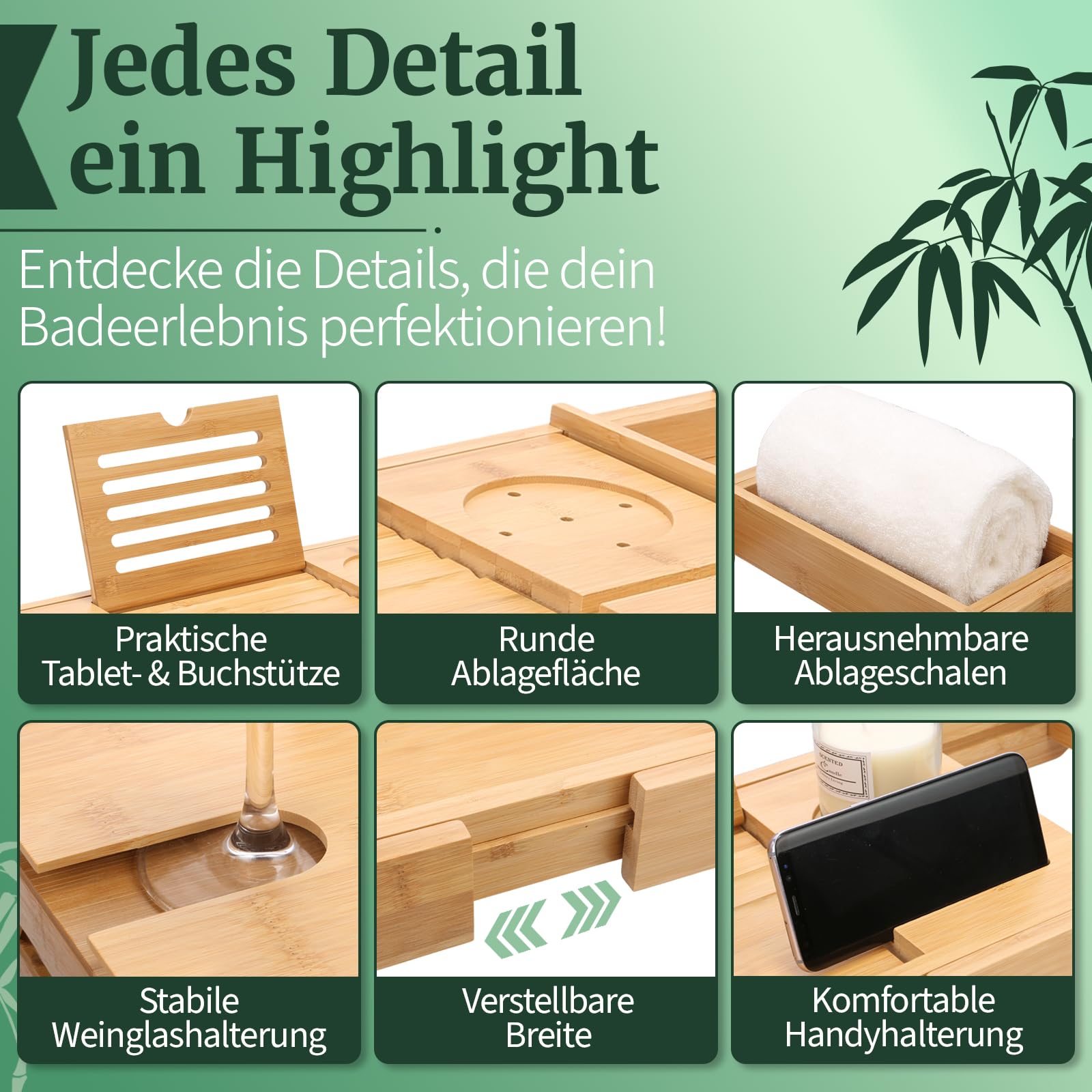 HEIMWERT Badewannenablage Badewannentablett Ablage Badewanne - Extragroß mit ausklappbarem Ständer - Badewannen Tablett Tisch und Frühstückstablett Zubehör aus Bambus (Natur)