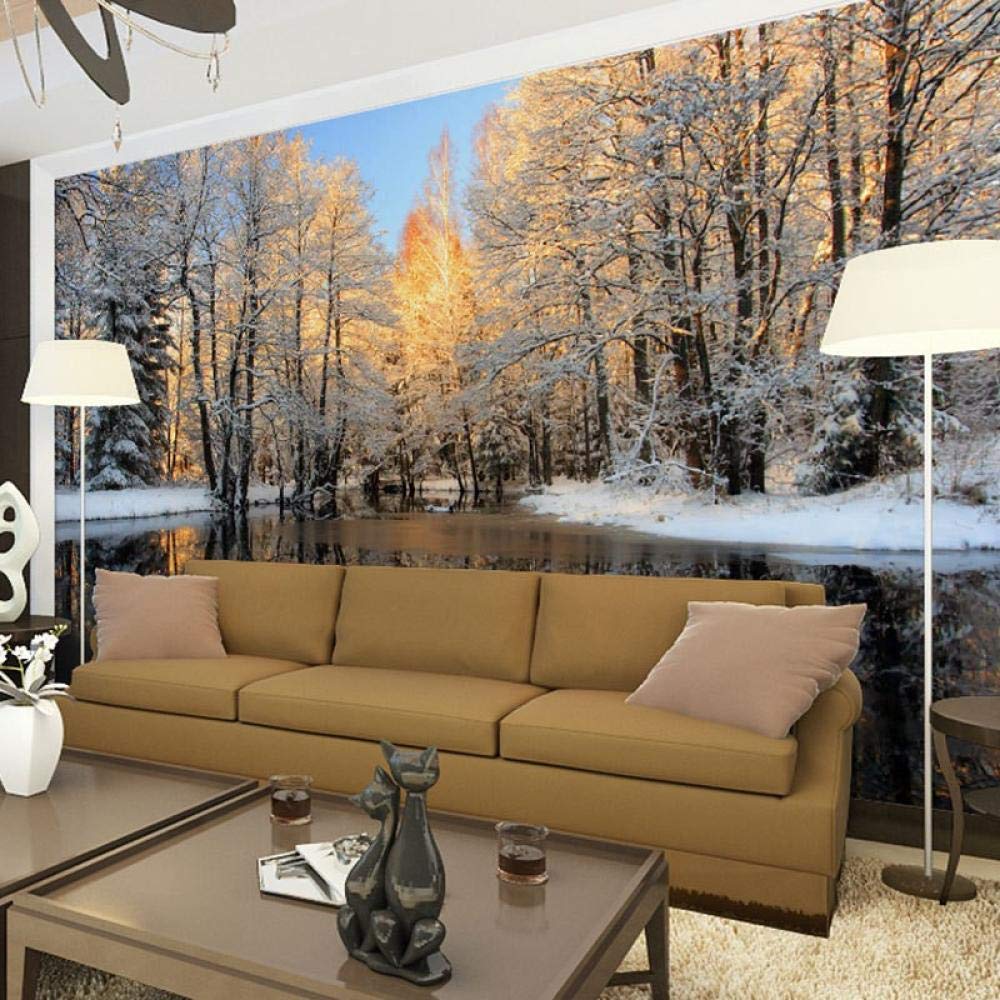 Papier peint forêt de bouleaux paysage de neige WLLLO trompe l'œil premium