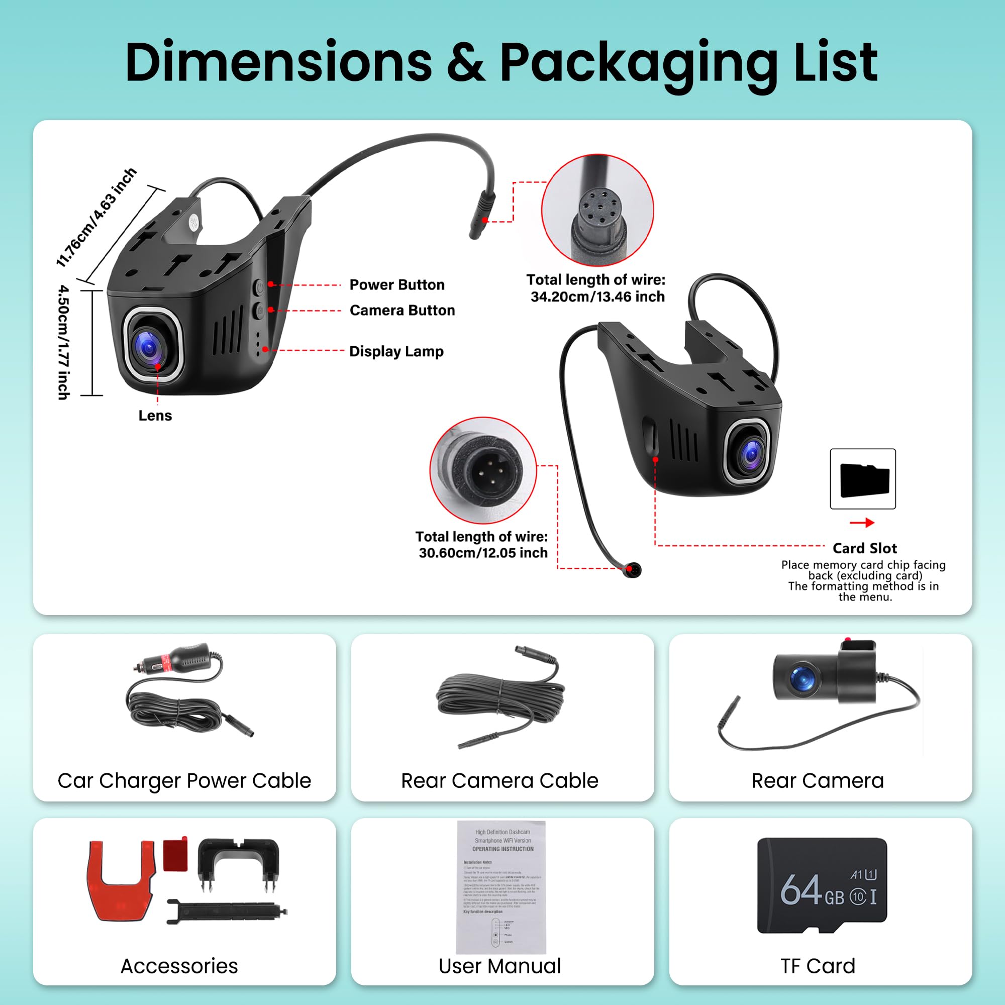Hodozzy Dash CAM 4K Delantera Trasera, Mini Cámara Coche WiFi 2160P Oculta | App Control, Gran Angular, Visión Nocturna, Grabación en Bucle G-Sensor DVR Dashcam para Todos los Coches Tarjeta