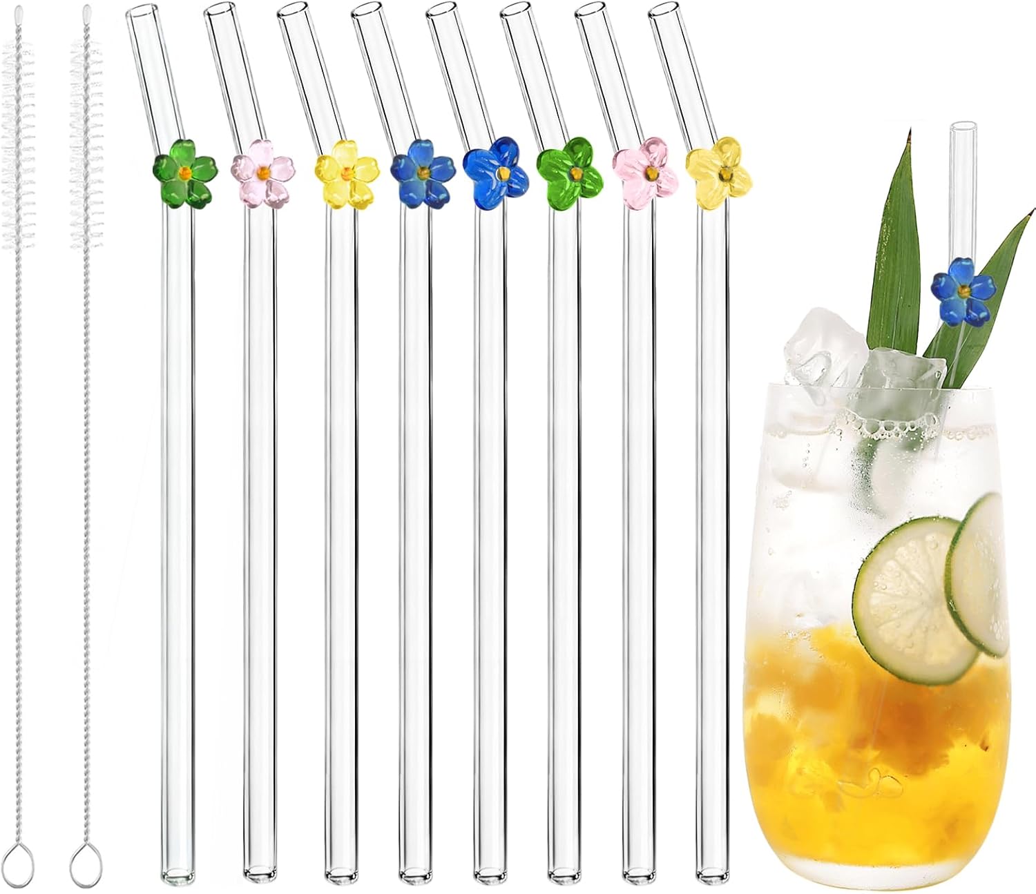 10 Pcs Reusable Glass Straws with Charms, 7.9” x 8mm Cute Colorful Butterfly Glass Drinking Straws with 2 Cleaning Brush, Reusable Clear Glass Straw for Beverages, Juices (Transparent Colored)