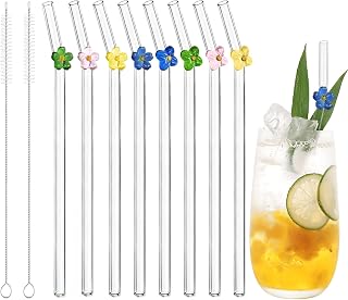 10 Pack Reusable Glass Straws with Charms, 7.9” x 8mm Cute Colorful Flower Glass Drinking Straws with 2 Cleaning Brush, Reusable Clear Glass Straw for Beverages, Juices, wine (Flower - A)