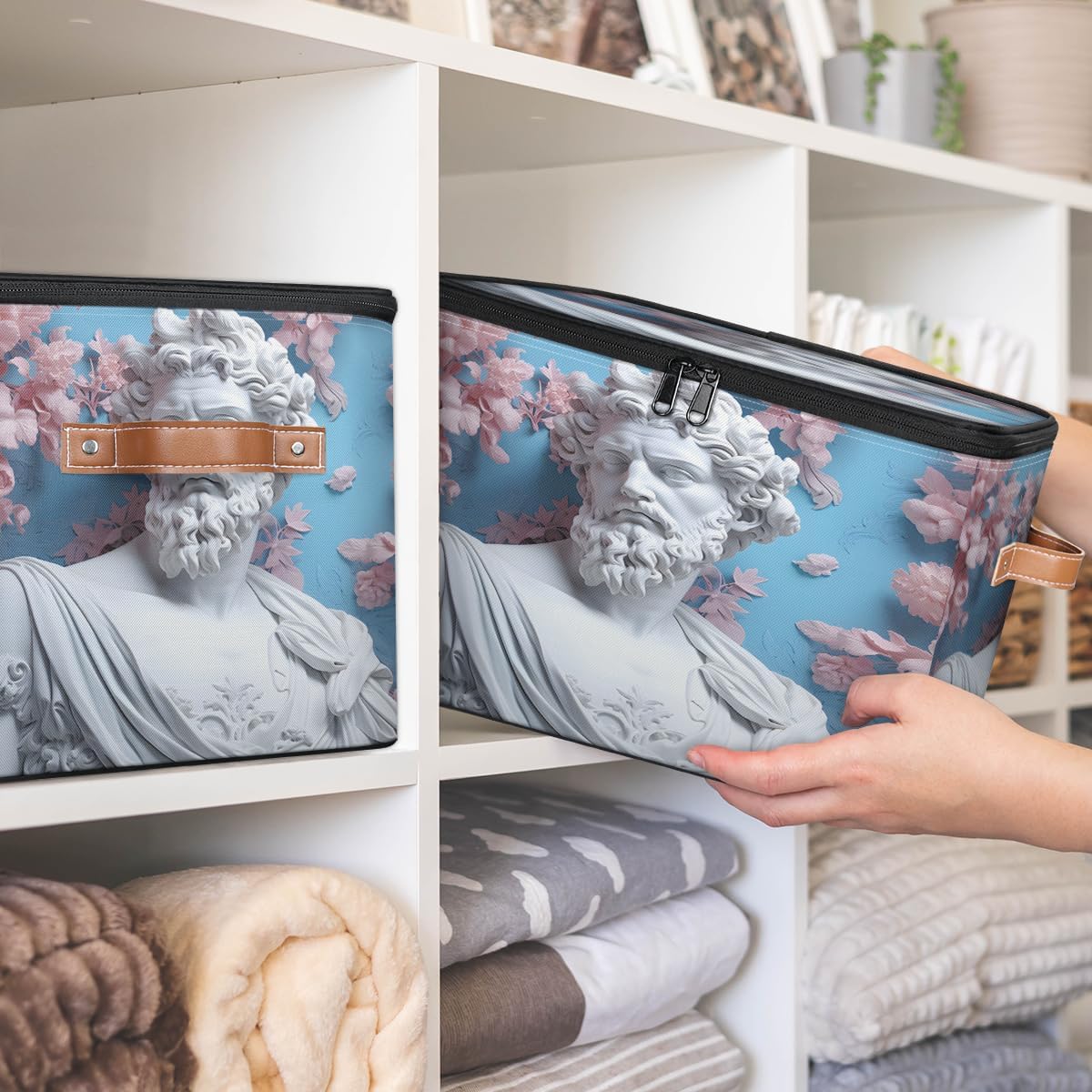 Storage Bin Set of 2 Art Man Statue Storage Basket with Zipper Lid & Handle Foldable Closet Shelf 2 Pack Cloth Organizer Basket Cube Bins Clothes Organizer for Nursery, Bedroom