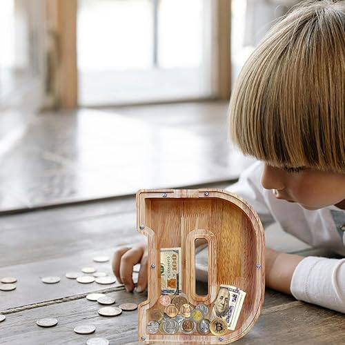 Miniatura 5 de Alcancía grande para niños y niñas, alcancía de madera personalizada con diseño recortado, bancos de monedas de letras del alfabeto, caja de ahorro
