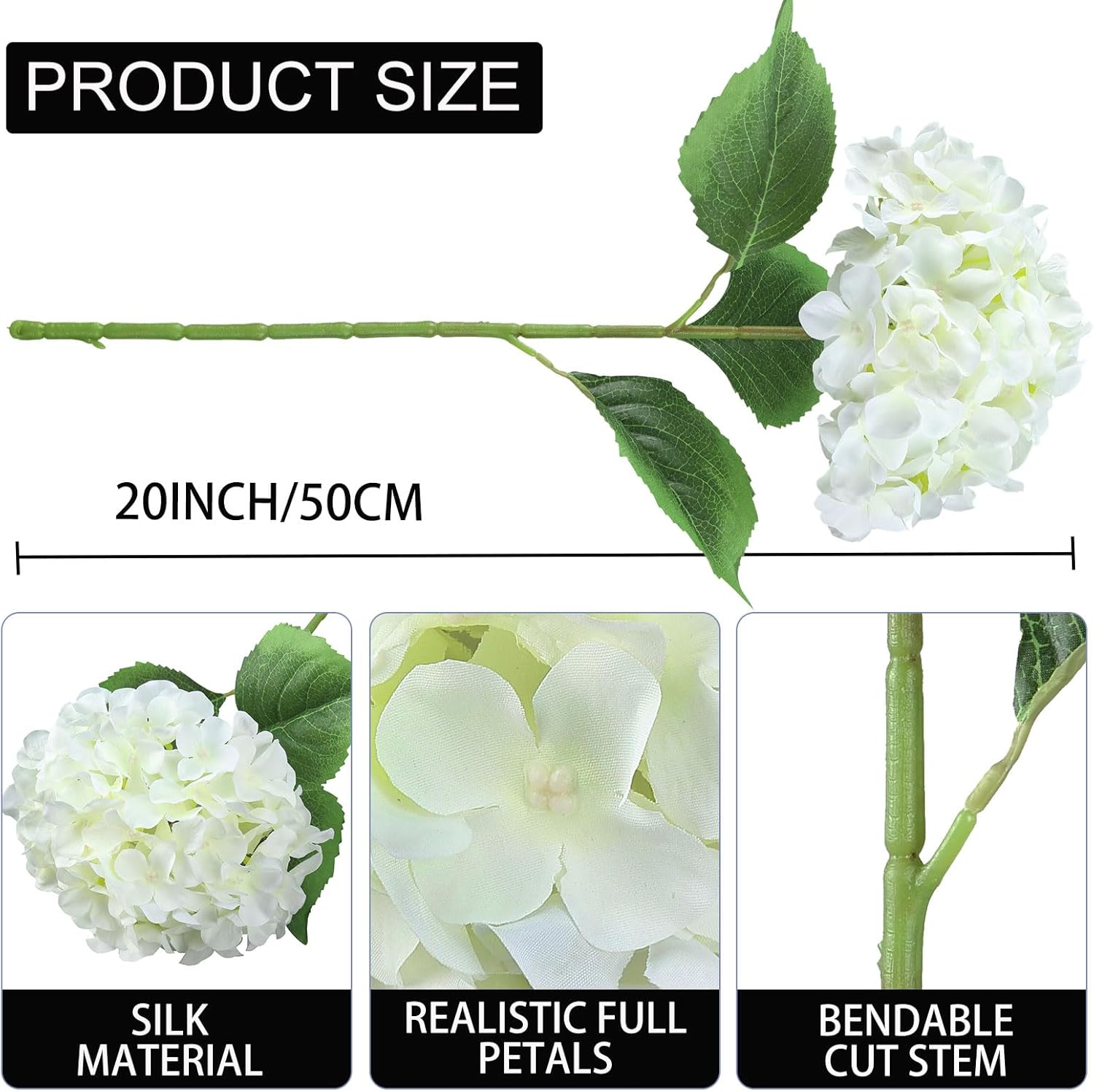 6PCS White Large Silk Hydrangea Flowers, 20 in Full Faux Hydrangea Artificial Flowers with Stems Leaves for Fake Lifelike Spring Bouquets Wedding Party Table Centerpieces Indoor (White)