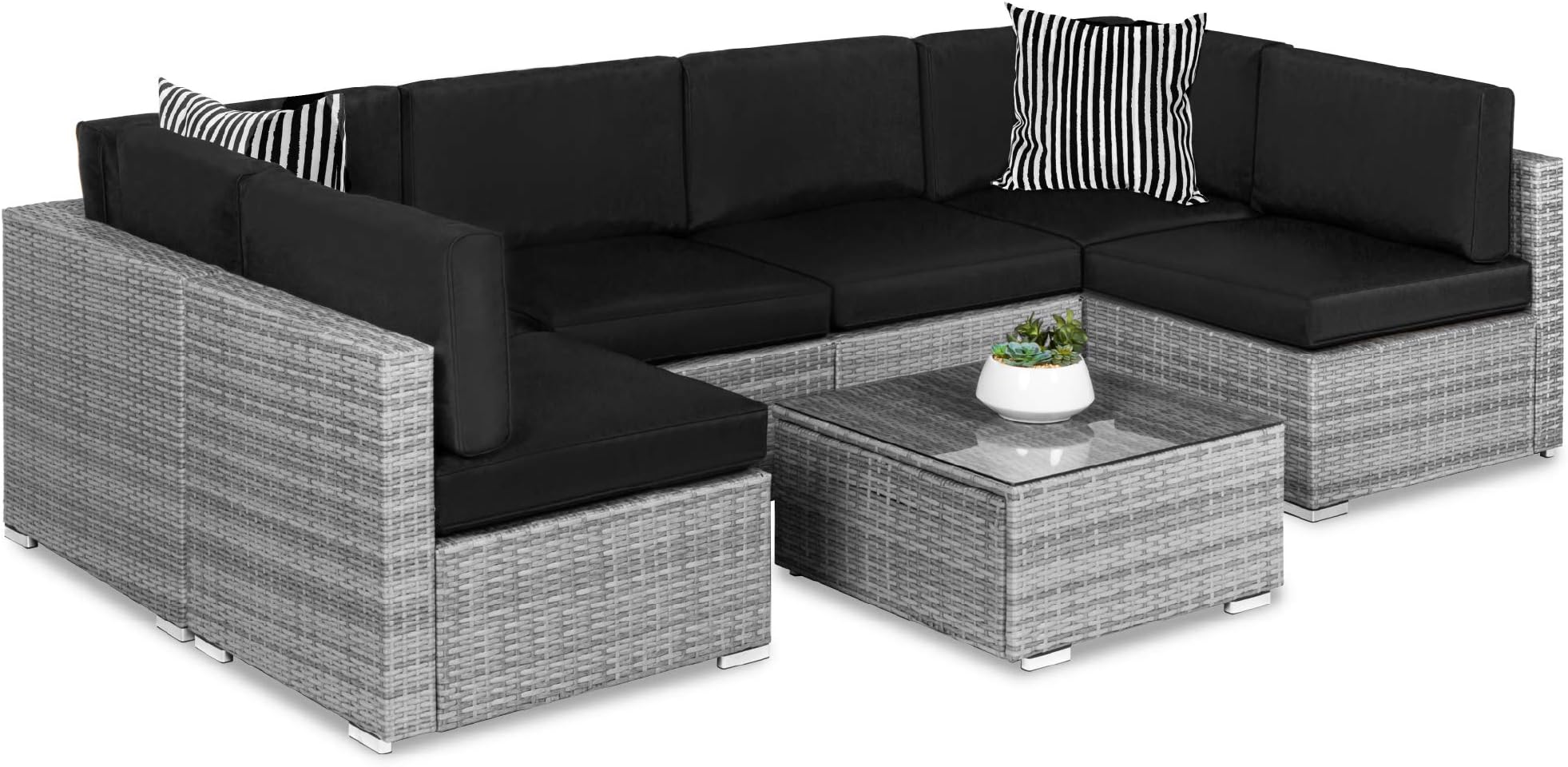 Best Choice Products 7-Piece Modular Outdoor Sectional Wicker Patio Conversation Set w/ 2 Pillows, Coffee Table, Cover Included - Gray/Black