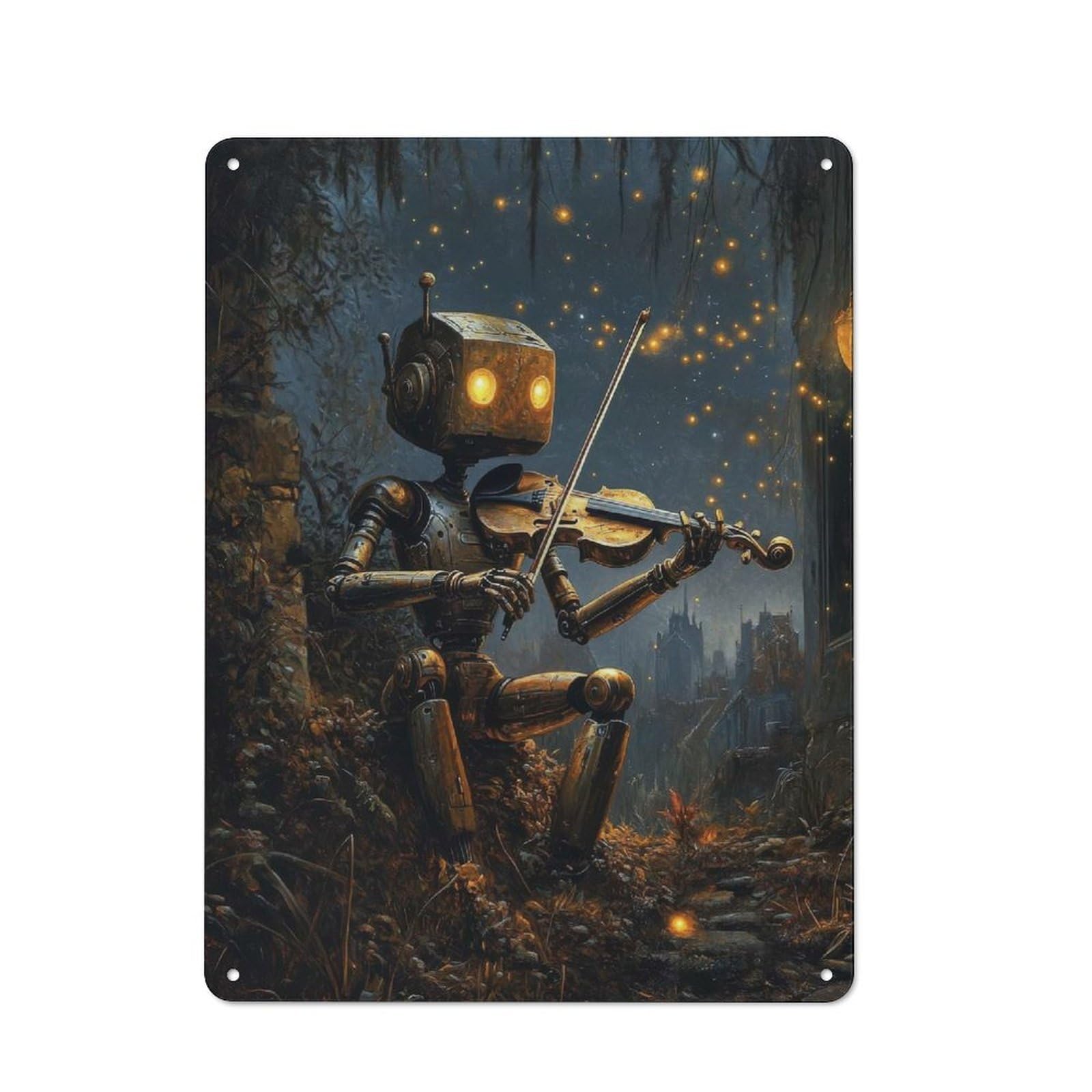 Junmoney Robot Violinist Rustic Metal Plaque 40X30cm For Lounge Or Reading Corner, For Home Office, Studio And Craft Room Walls