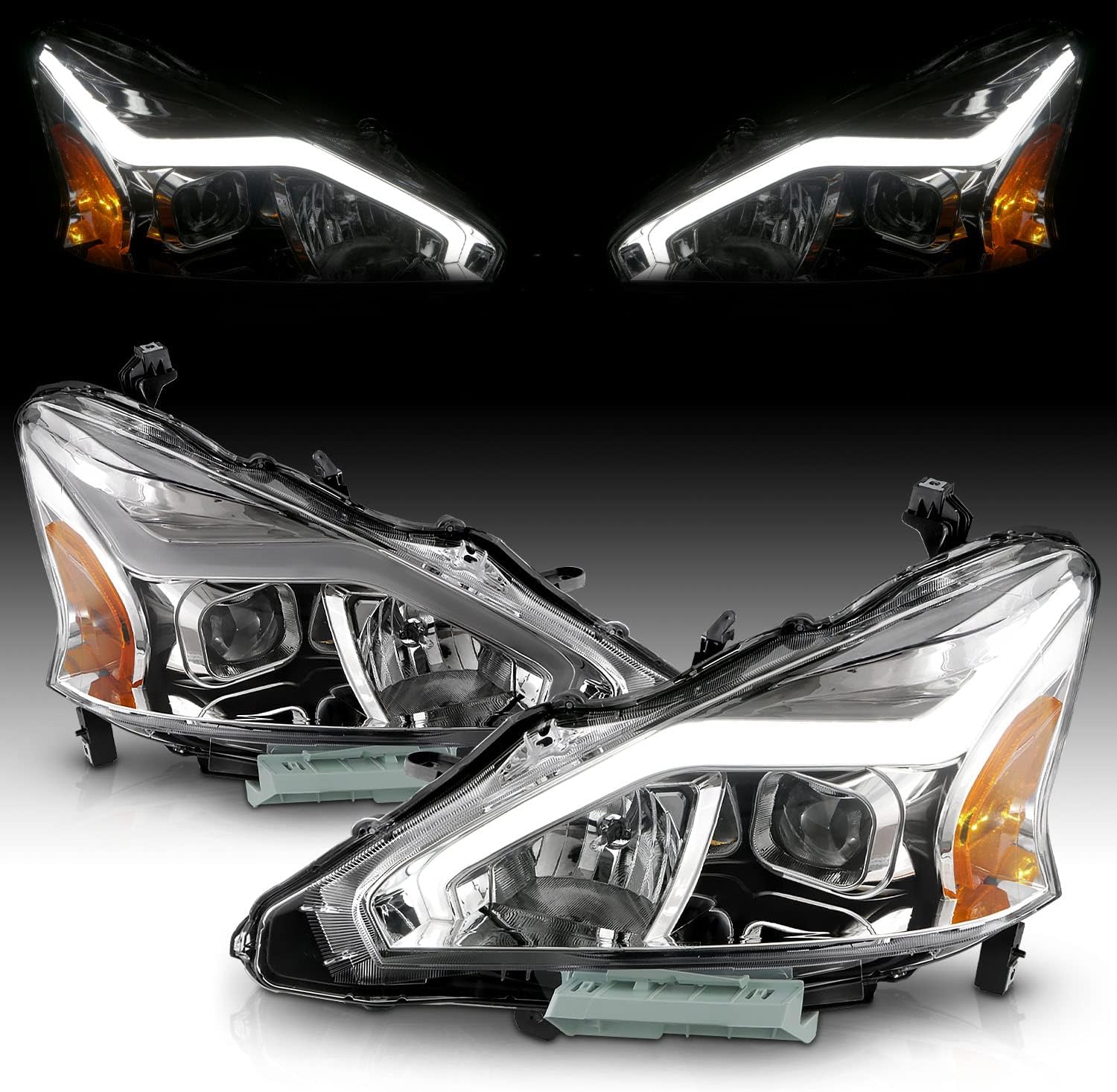 AmeriLite LED Tube Chrome Square Projector Headlights installed on a red 2013-2015 Nissan Altima Sedan