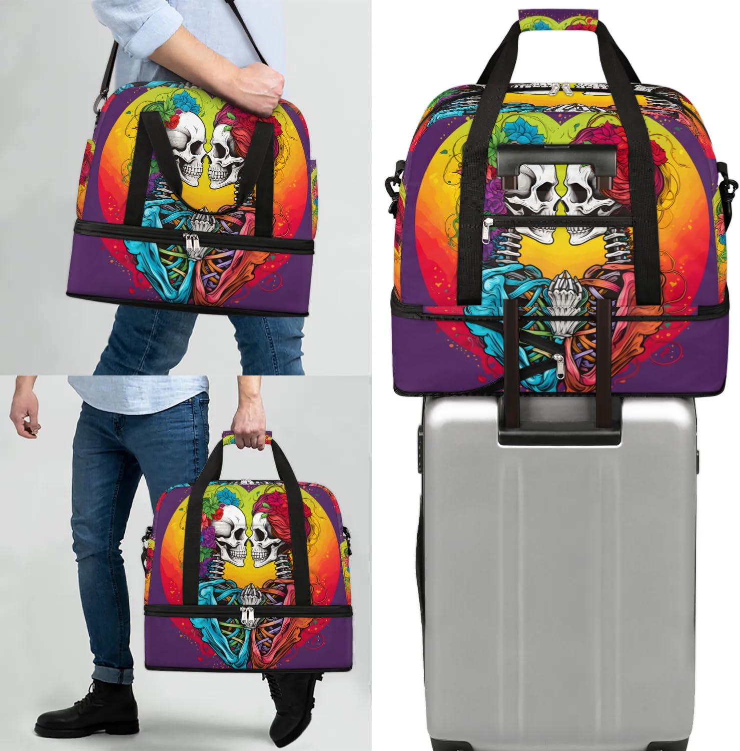 cfpolar Woman Travel Duffel Bag Heart Skull Foldable Tote Carry On Luggage Sports Gym Bag With Shoe Compartment Overnight Weekend Yoga Workout Bag Training Handbag