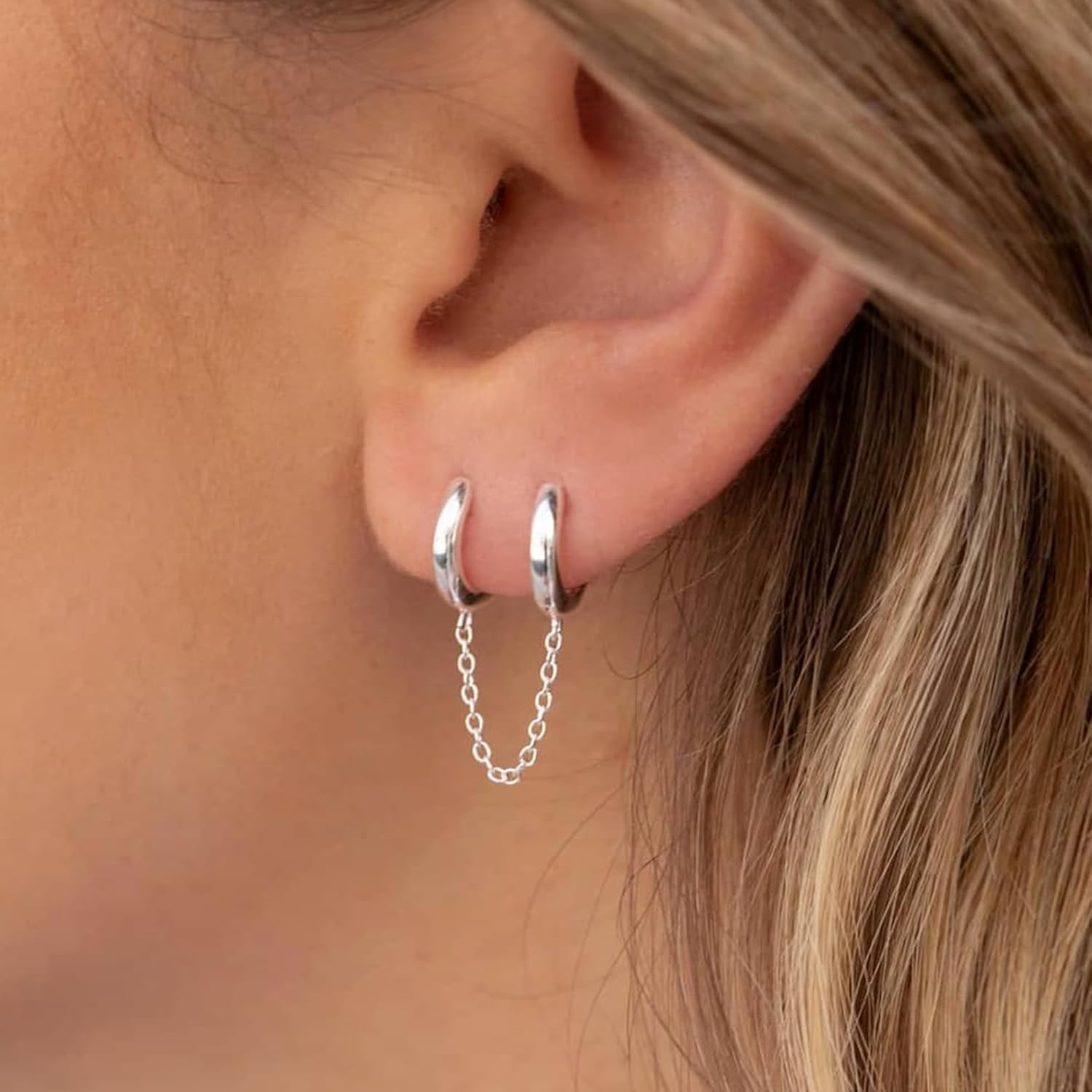 CERSLIMO Small Huggie Hoop Earrings for Women, 14K Gold Plated Sterling Silver Post Chain Hoops Hypoallergenic Dangle Drop Earrings - Image 3