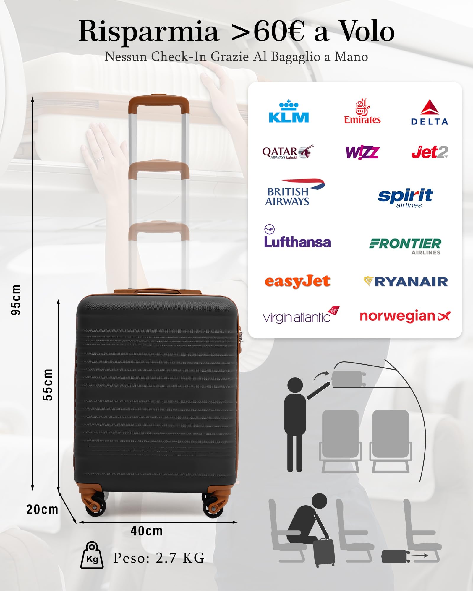 COOLIFE Valigia Cabina 55x40x20cm EasyJet Ryanair Bagaglio Mano Rigida | PC+ABS Lucchetto TSA 4 ruote, leggera e resistente – Ideale per priority boarding, viaggi d'affari, weekend & city break
