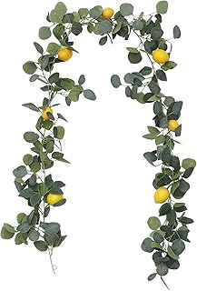FQQWEE 76.8 Inch Artificial Lemon Greenery Garland Faux Spring Summer Eucalyptus Garland with Lemons Fake Fruit Vine Garland Wreath for Front Door Wall Table Kitchen Home Wedding Decor