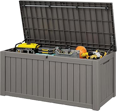 Outdoor Storage Box, 150 Gallon Resin Deck Boxes Outdoor Waterproof For Patio Furniture, Garden Tools, Pool Supplies, Lockable And UV Resistant Striped Gray