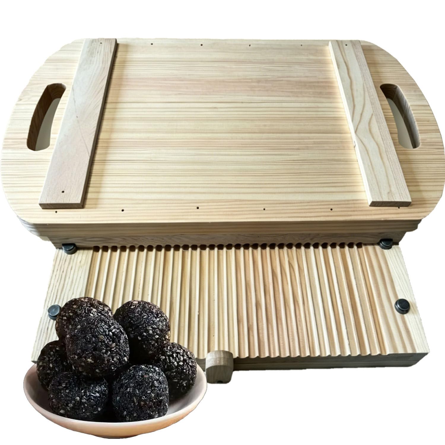 Pressa per impasti, forma a sfera di miele multi foro con vassoio rimovibile, gadget in legno antiaderente per la produzione di palline di snack fatte in casa