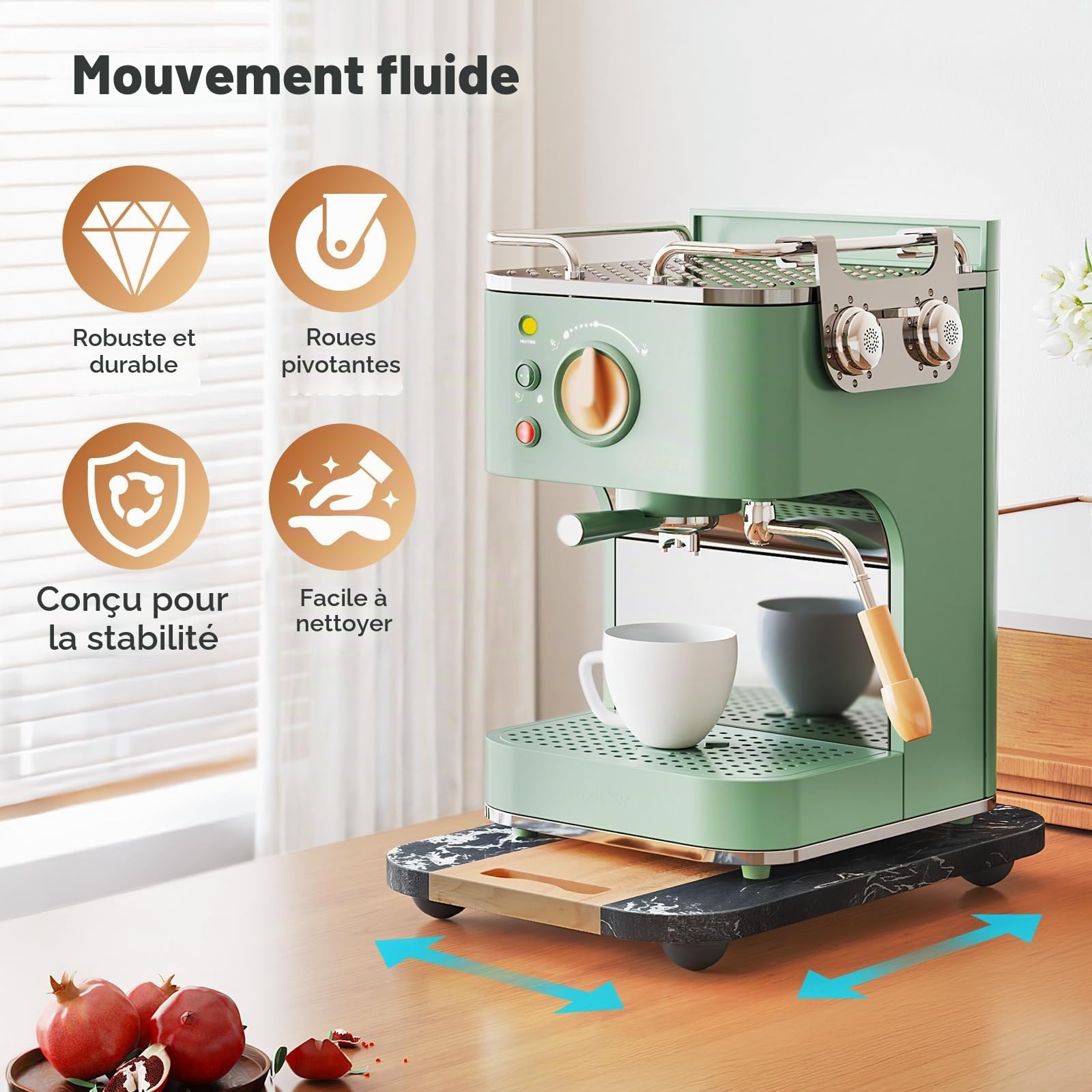 NiHome Plateau coulissant pour cafetière, mixeur, friteuse à air, grille-pain - 36 x 24 cm - Bois d'acacia et marbre - Rouleaux silencieux - Plateau de comptoir anti-rayures (noir)