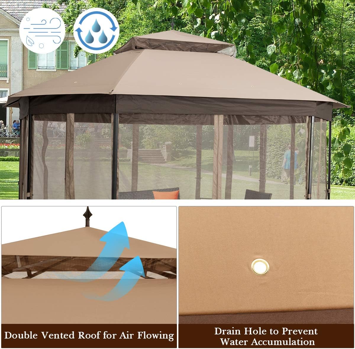 Close-up images showing the double vented roof for air flowing and a drain hole to prevent water accumulation on the gazebo canopy.