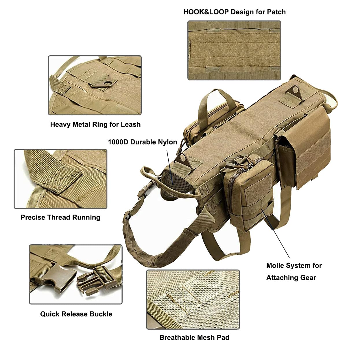 Arnés táctico para perro, resistente con 3 bolsas Molle y 1 correa elástica para perro