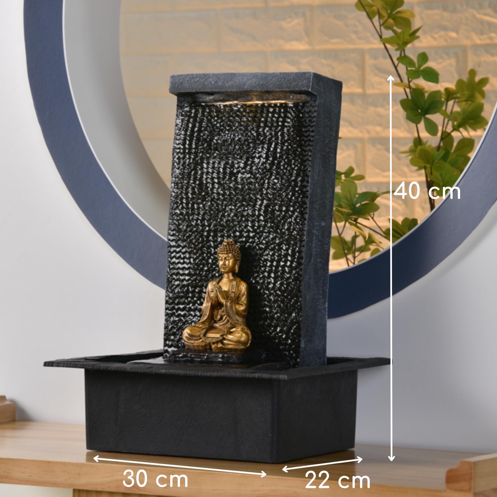 Mur d’Eau Zenitude - Fontaine d’intérieur avec Spot LED Jaune - Grande Fontaine de Table avec Statue Bouddha Amovible - Ambiance Zen pour salon, bureau, chambre - Cadeau Original - H: 40cm - Zen’Light