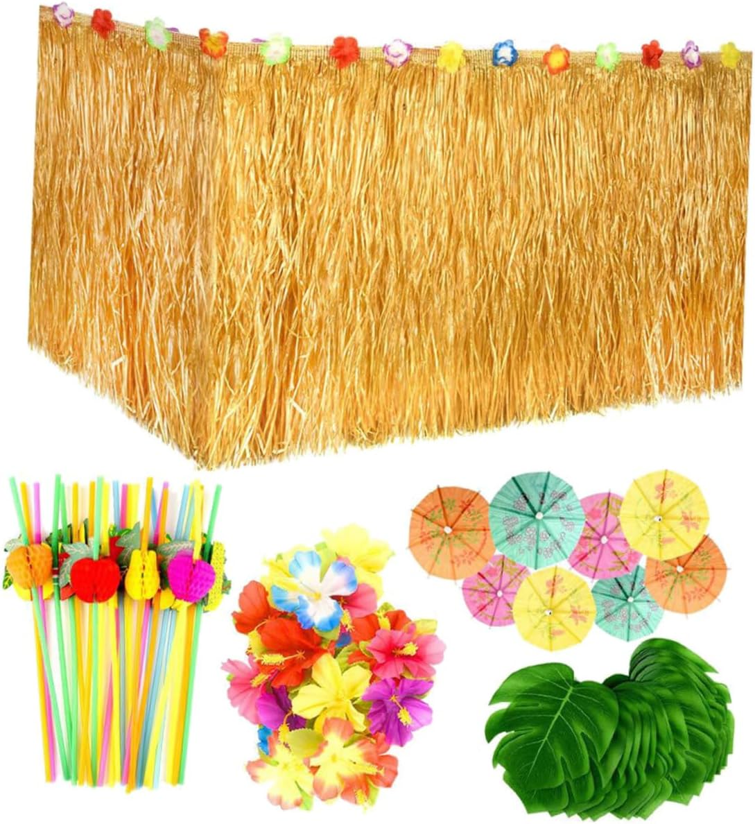 Alipis 1set Hawaiian Party Table Skirt Set Assorted Umbrella Toppers Monstera Leaves and Hibiscus Flowers for Luau Decorations for Tropical Theme Events and Gatherings