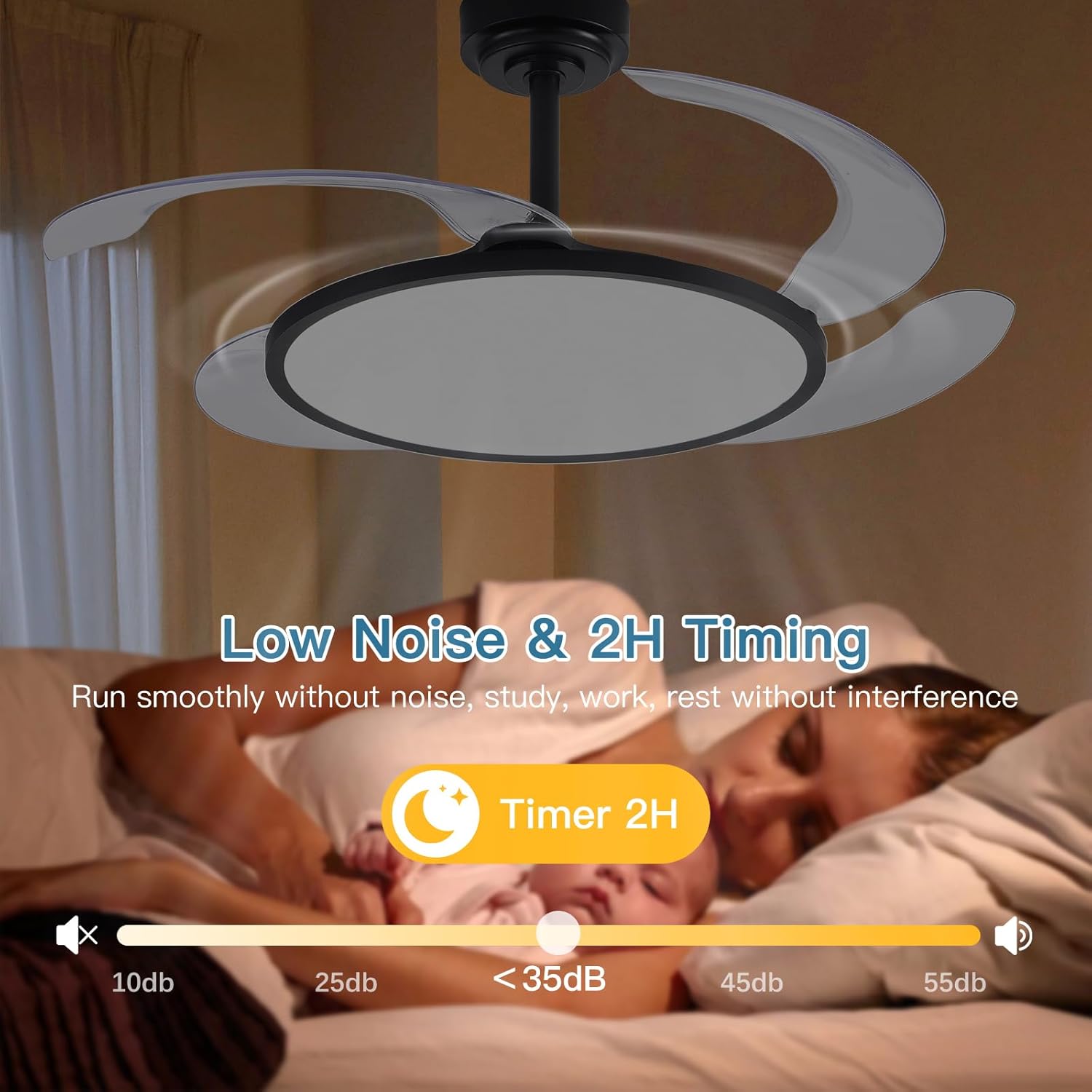 AHAWILL 48'' Retractable Ceiling Fan with Remote Control,Bladeless Ceiling Fan with LED Lights,Stepless Full Spectrum,Memory,Modern Silent Chandelier for Bedroom Dining Room Living Room,Black