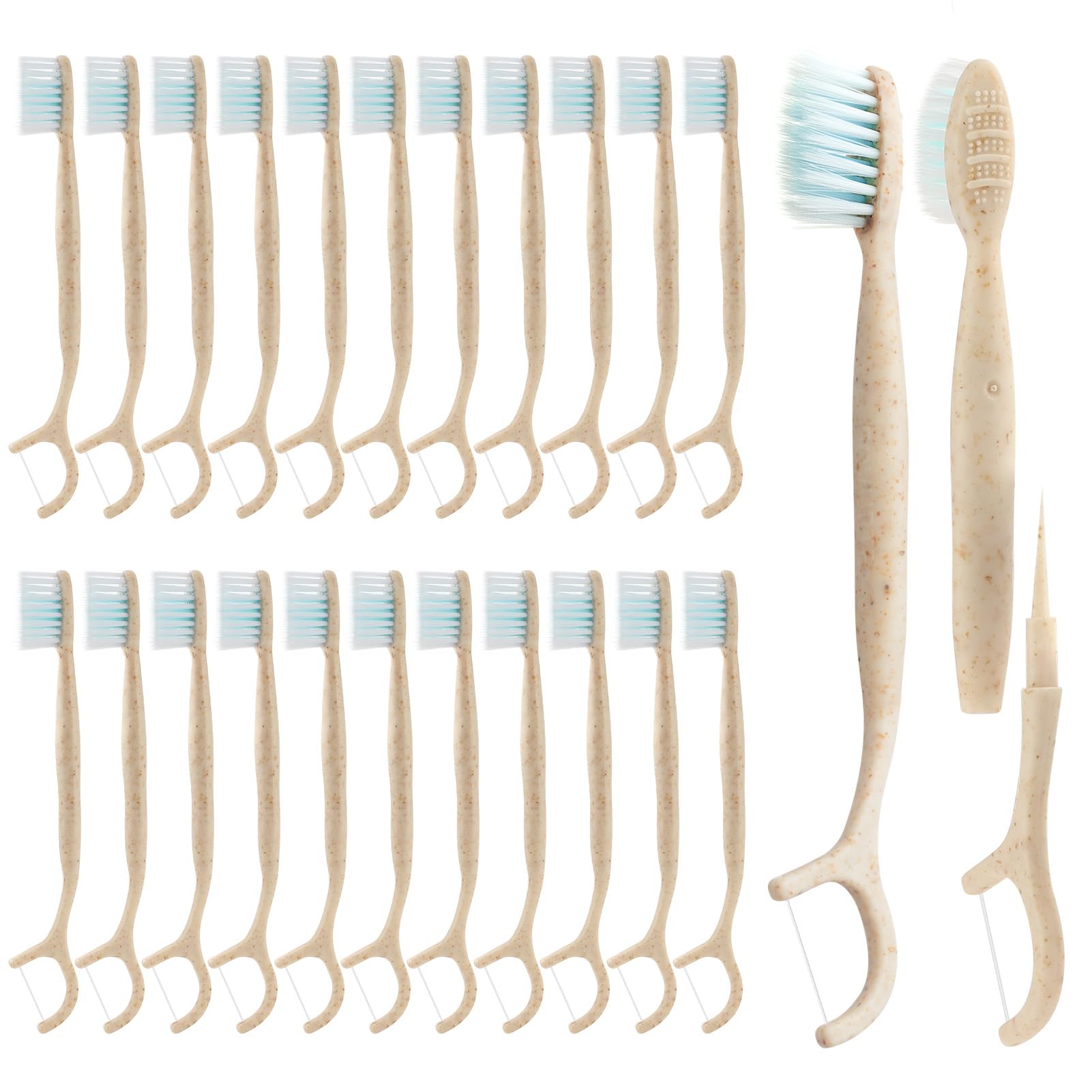 NUDUKO Cepillo de dientes de viaje, púas de hilo dental – 4 en 1 biodegradables desechables con raspador de lengua, cepillo de dientes ecológico envuelto individualmente para adultos y niños, cuidado