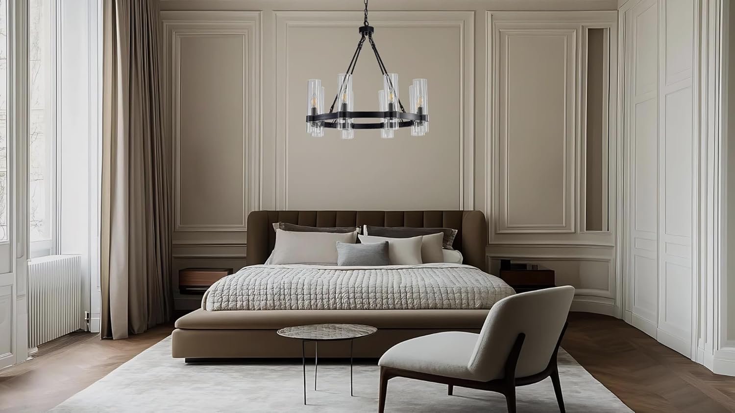 26 Inch Black Wagon Wheel Chandelier 8 Lights with Glass Shade, Modern Farmhouse Round High Ceilings Pendant Light Fixture for Living/Dining Room, Kitchen, Foyer