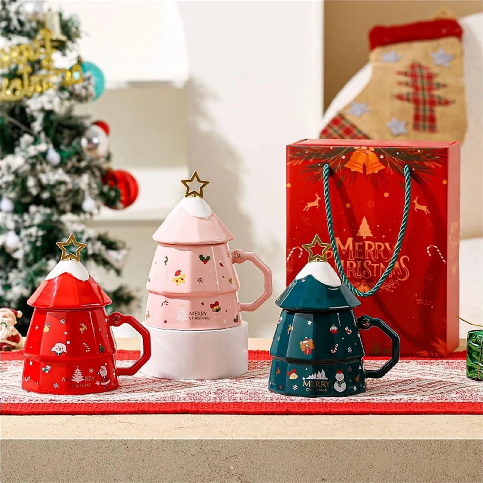 Taza de Navidad de 350ml, taza de café de alta capacidad con cuchara, decoración de ciervos, tapa for taza, desayuno de cerámica de dibujos animados, 2 uds. Para Boda