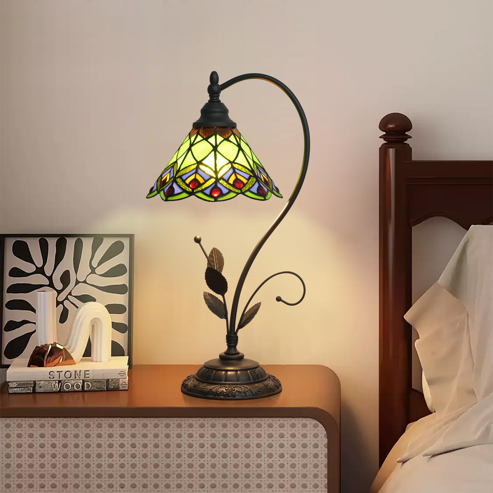 Lampa stołowa Tiffany Zielony ogon pawia Witrażowa lampa w stylu Tiffany S Liście Vintage Lampa biurkowa do sypialni, salonu, biura, akademika, jadalni