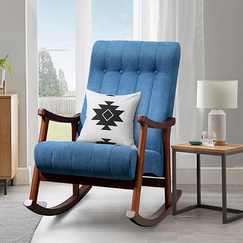 Miniatura 10 de AVAWING Mecedora tapizada con asiento acolchado de tela cómoda madera maciza para sala de estar sillón moderno con respaldo alto sofá individual