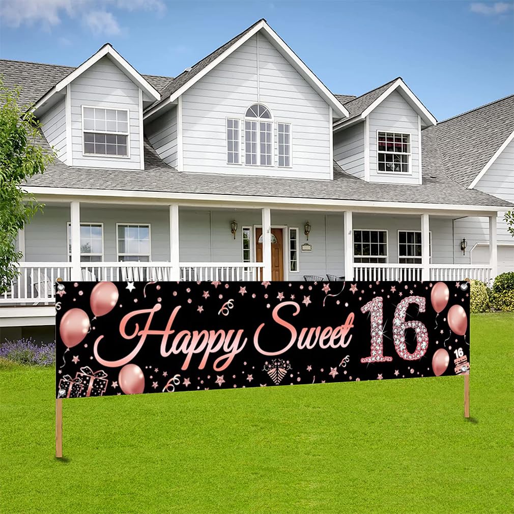 16e verjaardag decoratie meisjes, 16e verjaardag banner zwart en goud stof bord poster, Happy 16 Birthday achtergrond banner meisje verjaardagsfeest