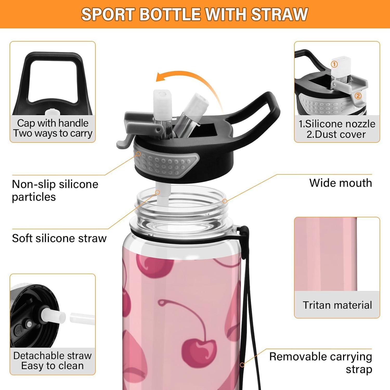 ALAZA Bow Cherry Pink Sport Water Bottle with Straw Lid 32 oz Clear Bottle BPA Free Tritan Plastic Leakproof Jugs Large Flip Top for Kids Boys Girls