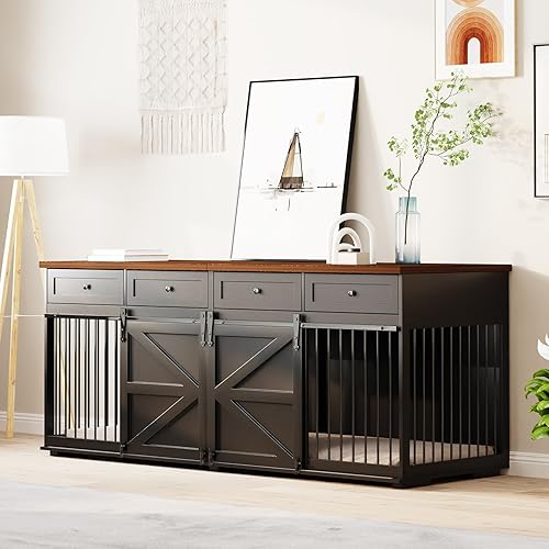 Furniture Style - Jaula para perros, 83 pulgadas de largo, muebles de madera para interiores con puertas correderas dobles de granero, 4 cajones y
